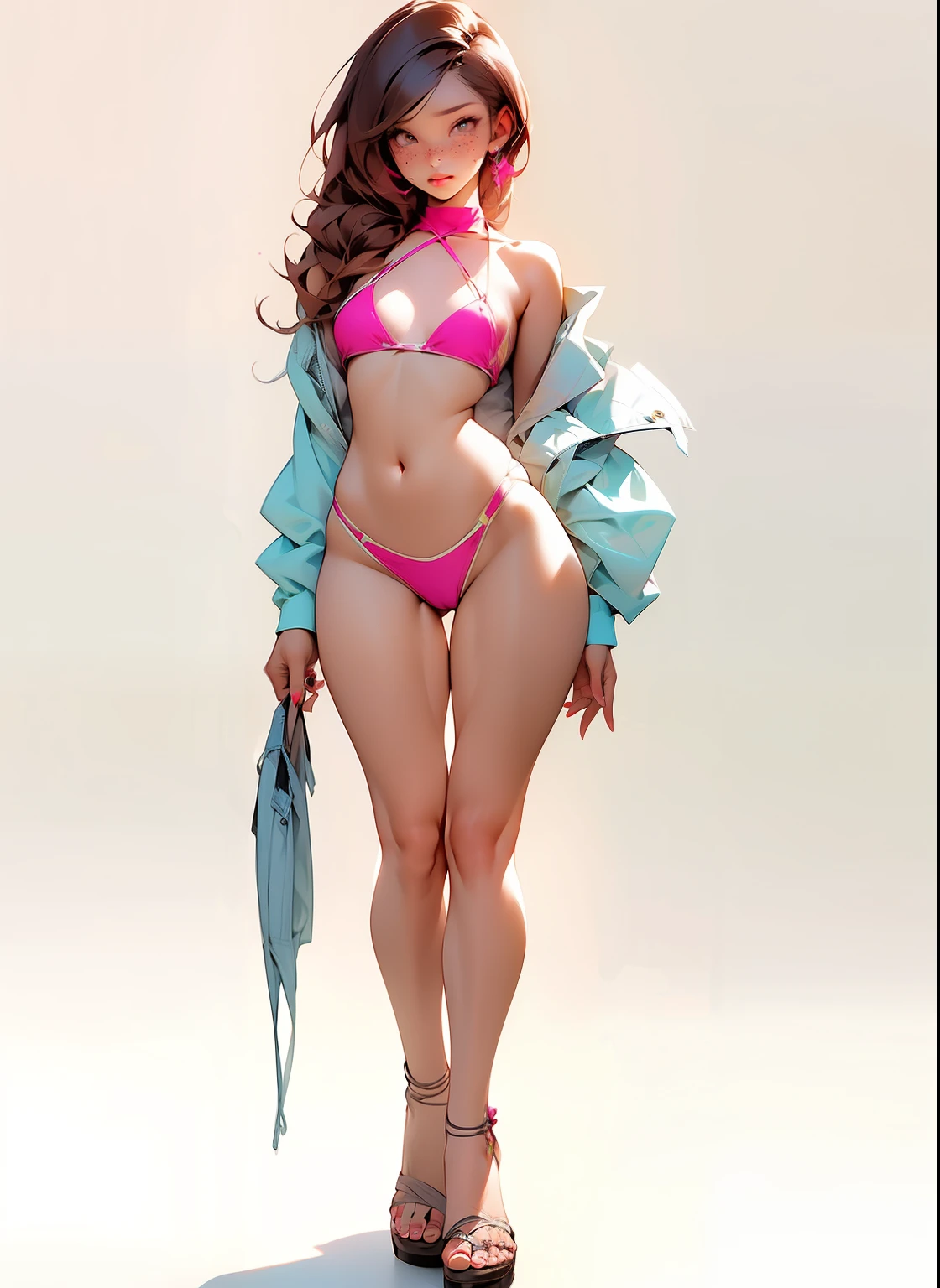 (slightly thick waist: 1.7), wide hips, thick thighs, anatomically correct, (head to toe: 2.0), (full body image: 1.8), 1girls, solo, (string bikini 1.6), deviant art, masterpiece, highly detailed, bright eyes, detailed eyes, expressive detailed eyes, wide eyed, detailed pupils, blush, (tiny bikini:1.4), small breasts, ((nipping out:1.4)), (deep cameltoe: 2.1), lots of freckles, super textured detailed skin, entire body image, full body shot, professional photograph, (no jacket: 1.9), 360 view