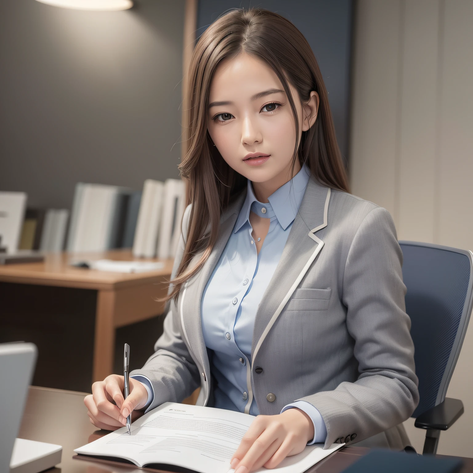 (RAW Photography:1.2)、(pfotorealistic:1.4)、(Master peace:1.3)、(maximum quality:1.4)、ultra high-resolution、in 8K resolution、(Glossy skin)、(Super detailed illustration)、Semi-long hair、brunet、The girls1people、suits、Administrative scrivener、Company Establishment --auto