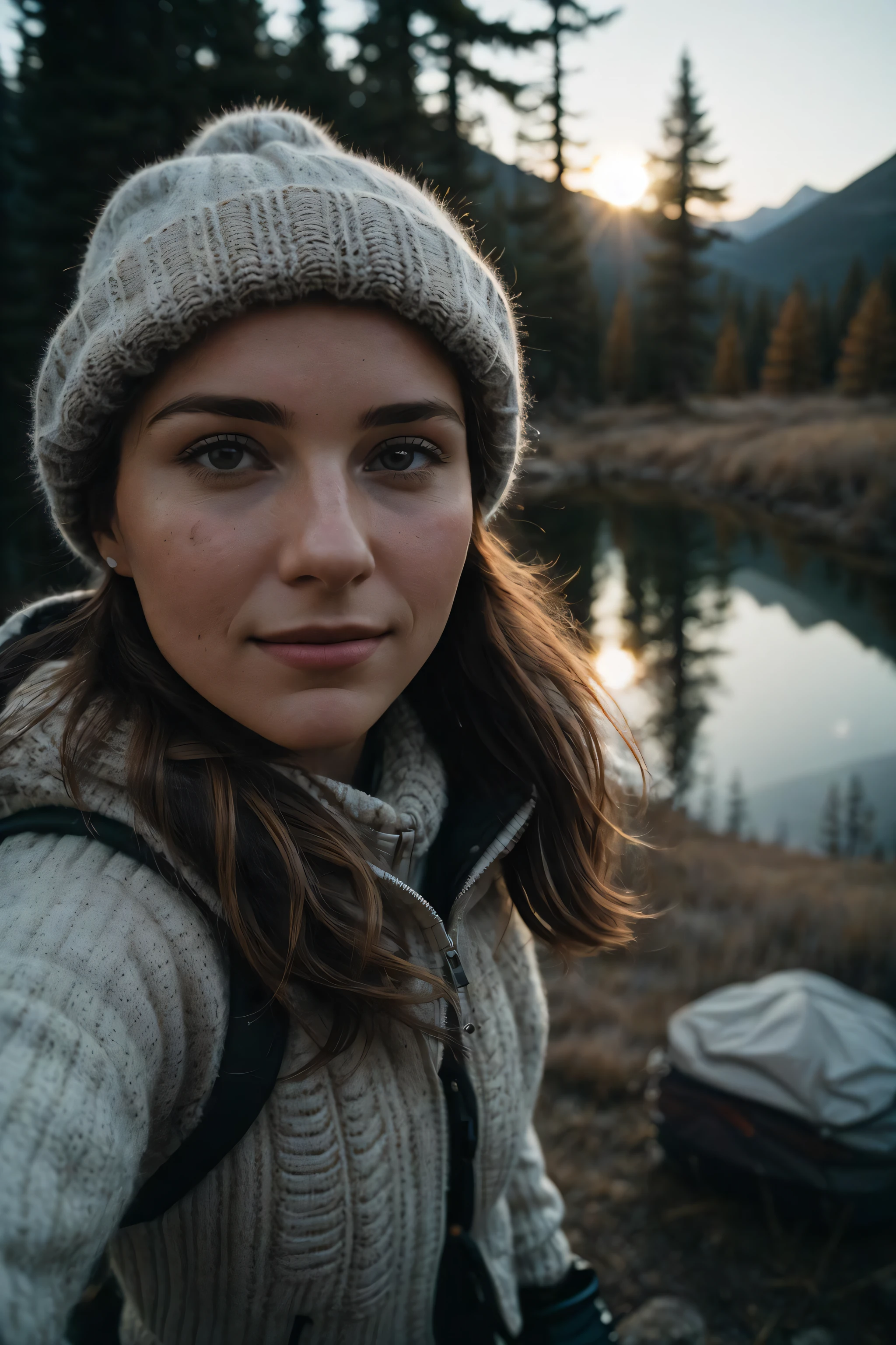 1 woman((upper body selfie, happy)), masterpiece, best quality, ultra-detailed,  solo, outdoors, (night), mountains, nature, (stars, moon)   cheerful, happy, backpack, sleeping bag, camping stove, water bottle, mountain boots, gloves, sweater, hat, flashlight, forest, rocks, river, wood, smoke, shadows, contrast, clear sky,
analog style (look at viewer:1.2)  (skin texture)
(film grain:1.3), (warm hue, warm tone)