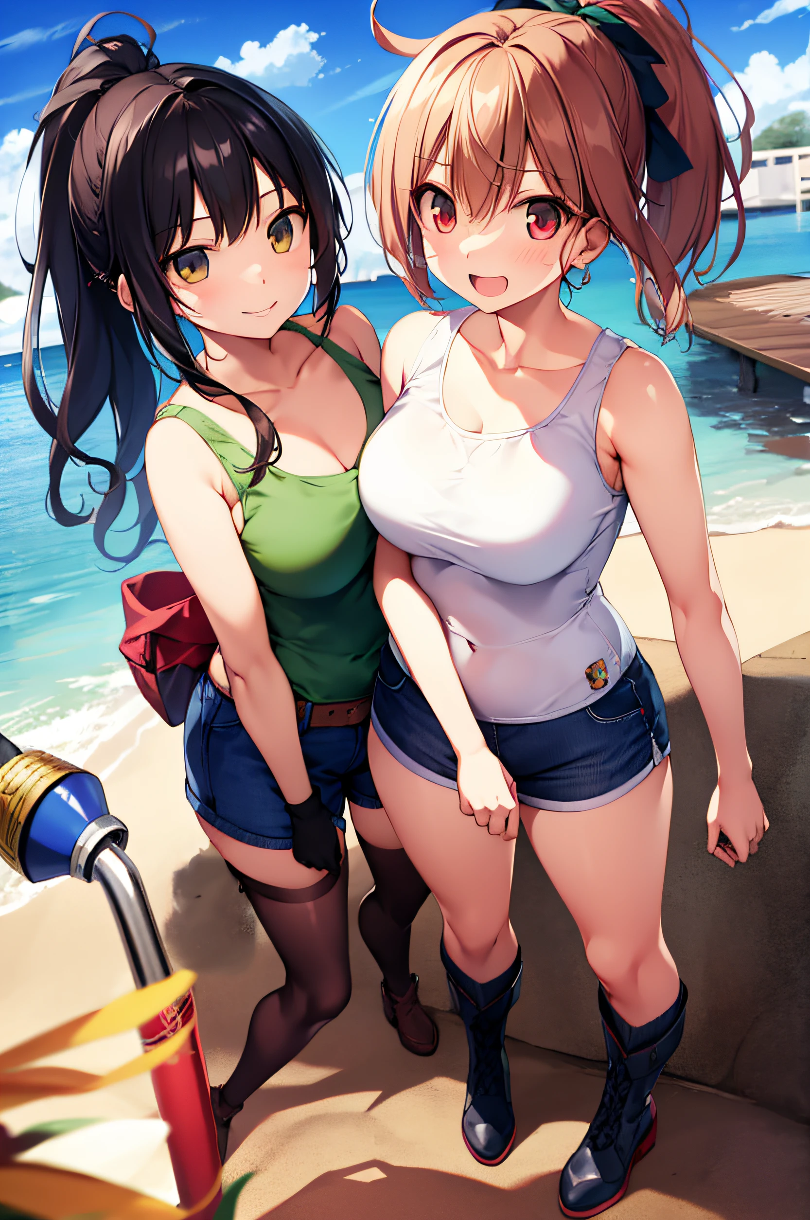 anime characters standing next to each other on a beach, Kantai Collection Style, wlop and sakimichan, Makoto Shinkai and Artgerm, guweiz, on beach, on beach, two beautiful anime girls, on beach, artwork in the style of guweiz, Anime Girls, guweiz on pixiv artstation