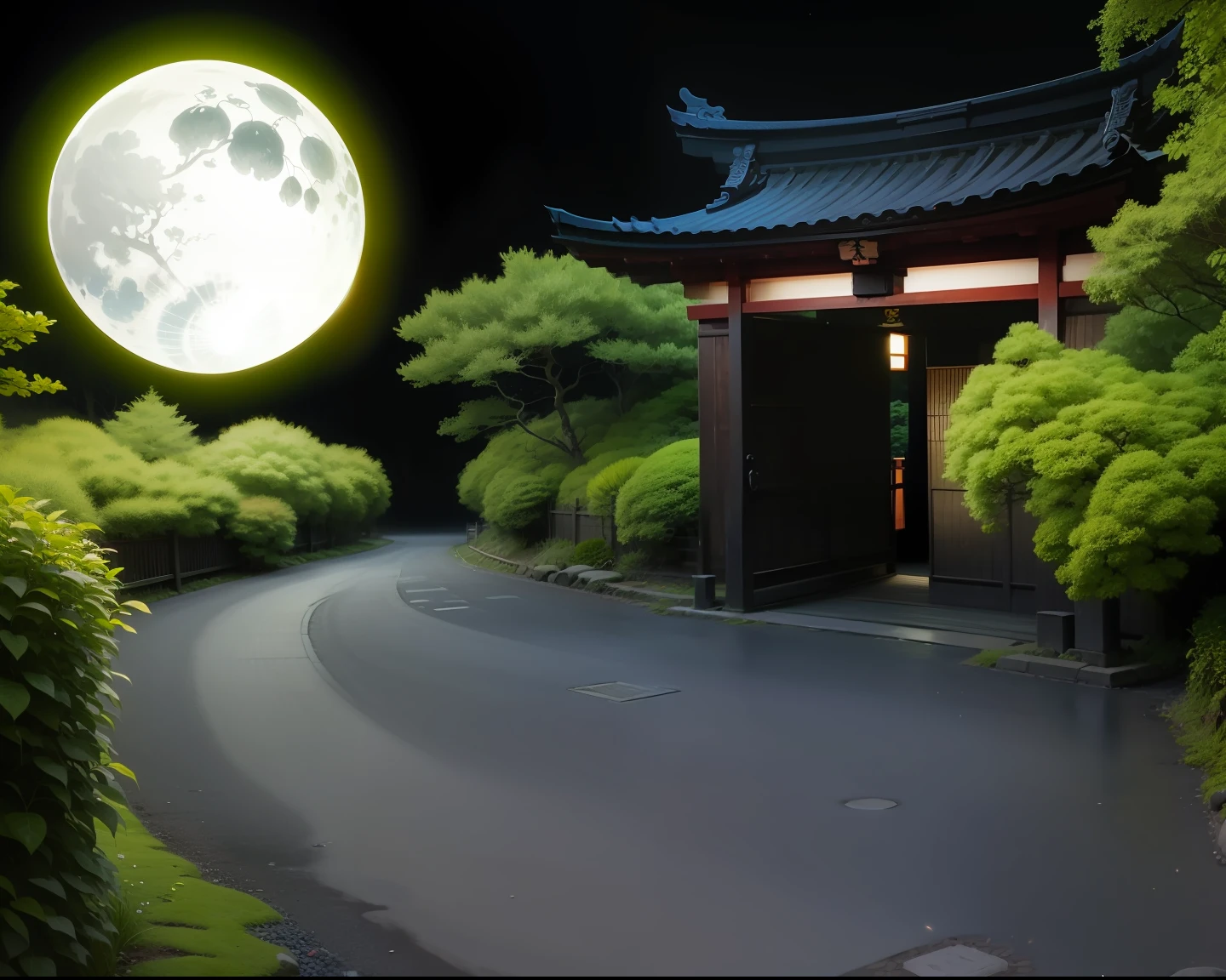 Japanese temple gate in the dark of night under moonlight