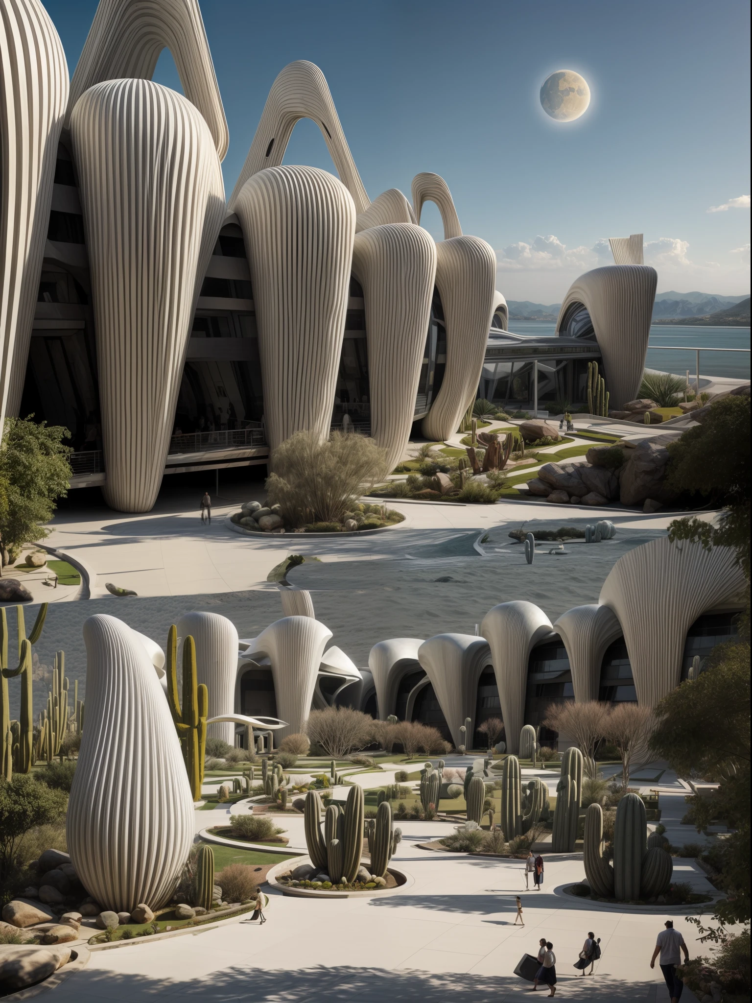 (masterpiece, best quality)),illustration,ultra detailed 8k, An illustration, ((Estilo collage)), (((multiple Zaha Hadid's style buildings))), (((Mike Mignola's artistic style))), (Secciones), ((Colores desaturados)),big rocks, ((lago)), cacti, (nubes lisas), un puente, escalera, La Luna, Grandes edificios, abundant vegetation, Arbustos, (((big geometric sculptures))), hard shadows,