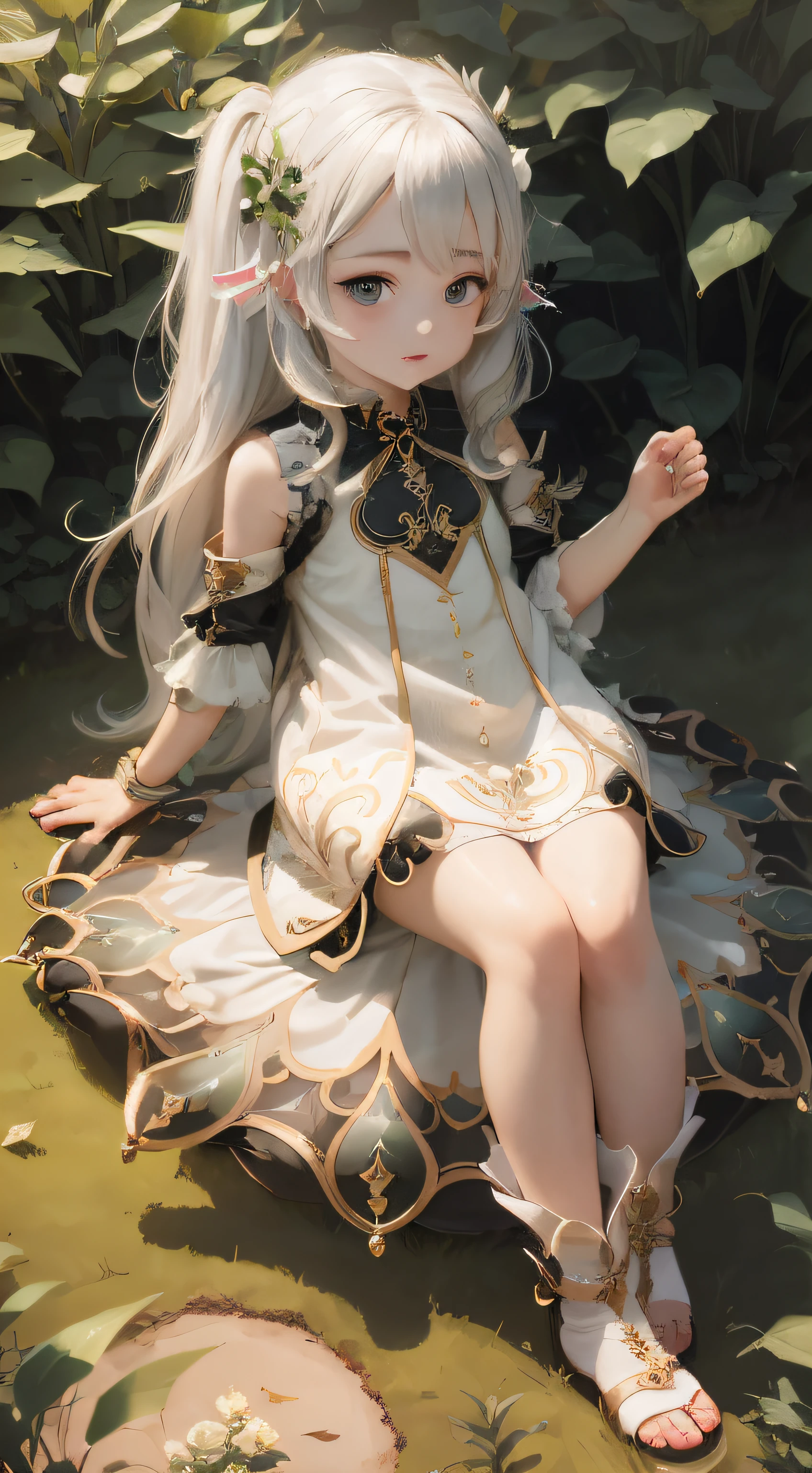 anime - style image of a girl sitting on a pillow in a garden, artwork in the style of guweiz, guweiz on pixiv artstation, Guvitz on ArtStation Pixiv, cute anime waifu in a nice dress, small curvy loli, loish and wlop, loli in dress, anime goddess, guweiz，Good-looking hands