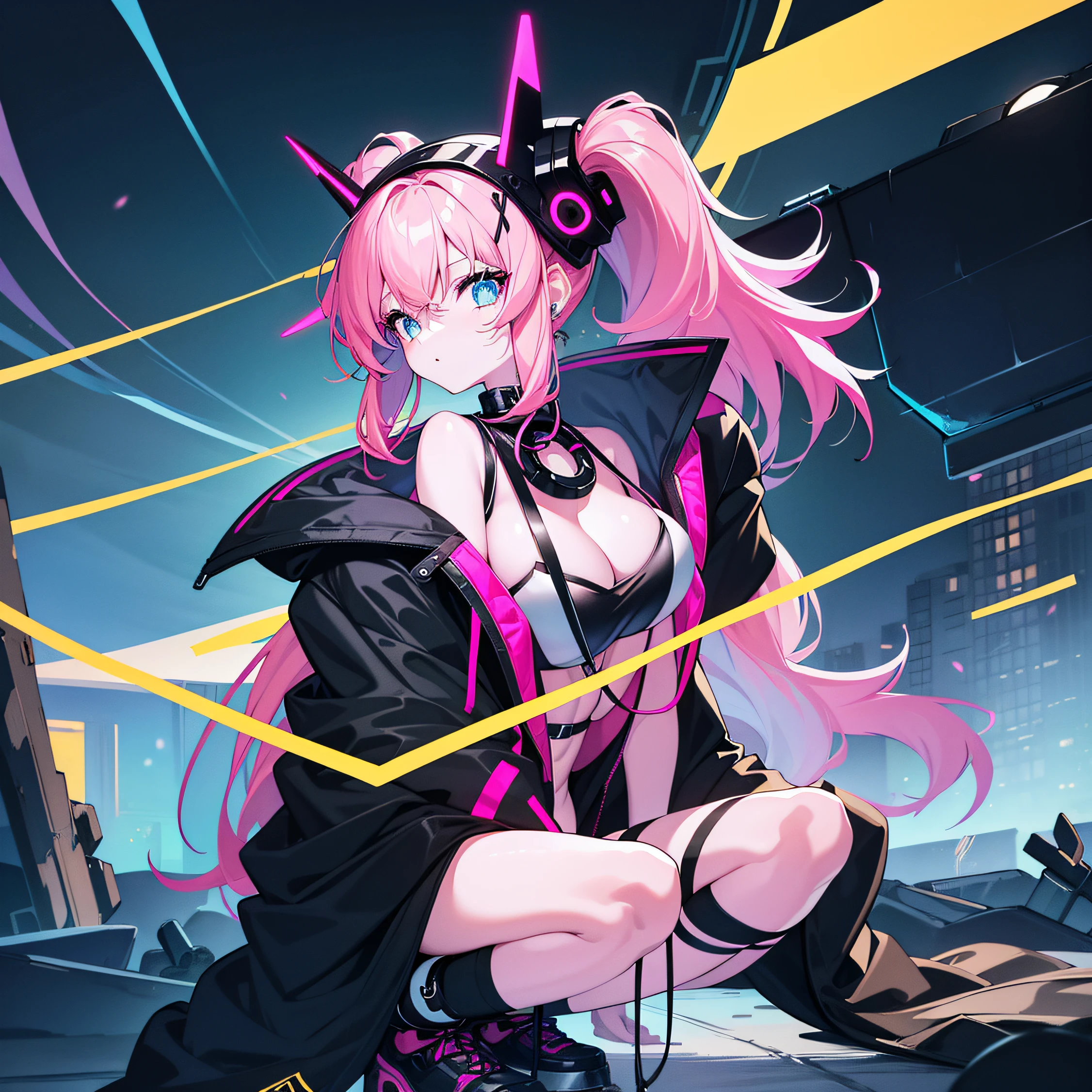 1 girl, best quality, cyberpunk style, large hair pink and cyan, two pigtails, black dress with a yellow ribbon at the waist, blue eyes, black necklace, white skin, medium breast, white thights, black shoes, nails of different colors