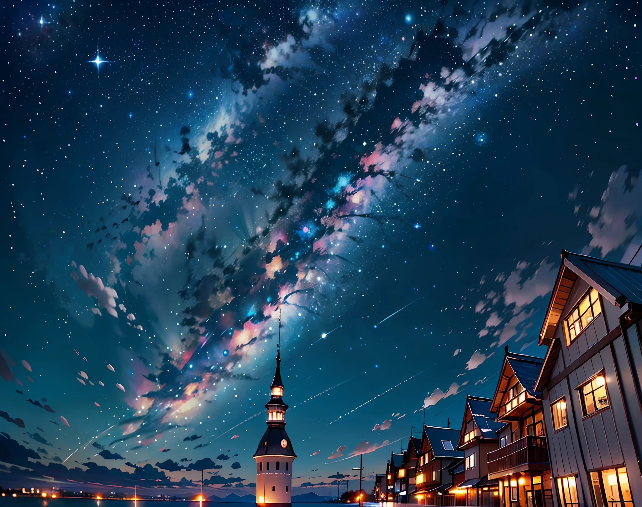 In a starry sky，Schools of fish invite swimming in the sky，Ultra-high resolution, high resolutions, (Masterpiece:1.4), hyper detailed, seen from above,Small schools of black fish ，starry night sky, afloat， --v 6