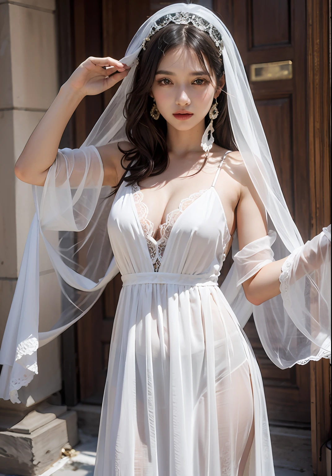 Greek woman wearing epoch dress, grecia antiga, deusa grega, Branco, vestir, camisola, Decote em V, veil in hair, cabelos soltos, renda