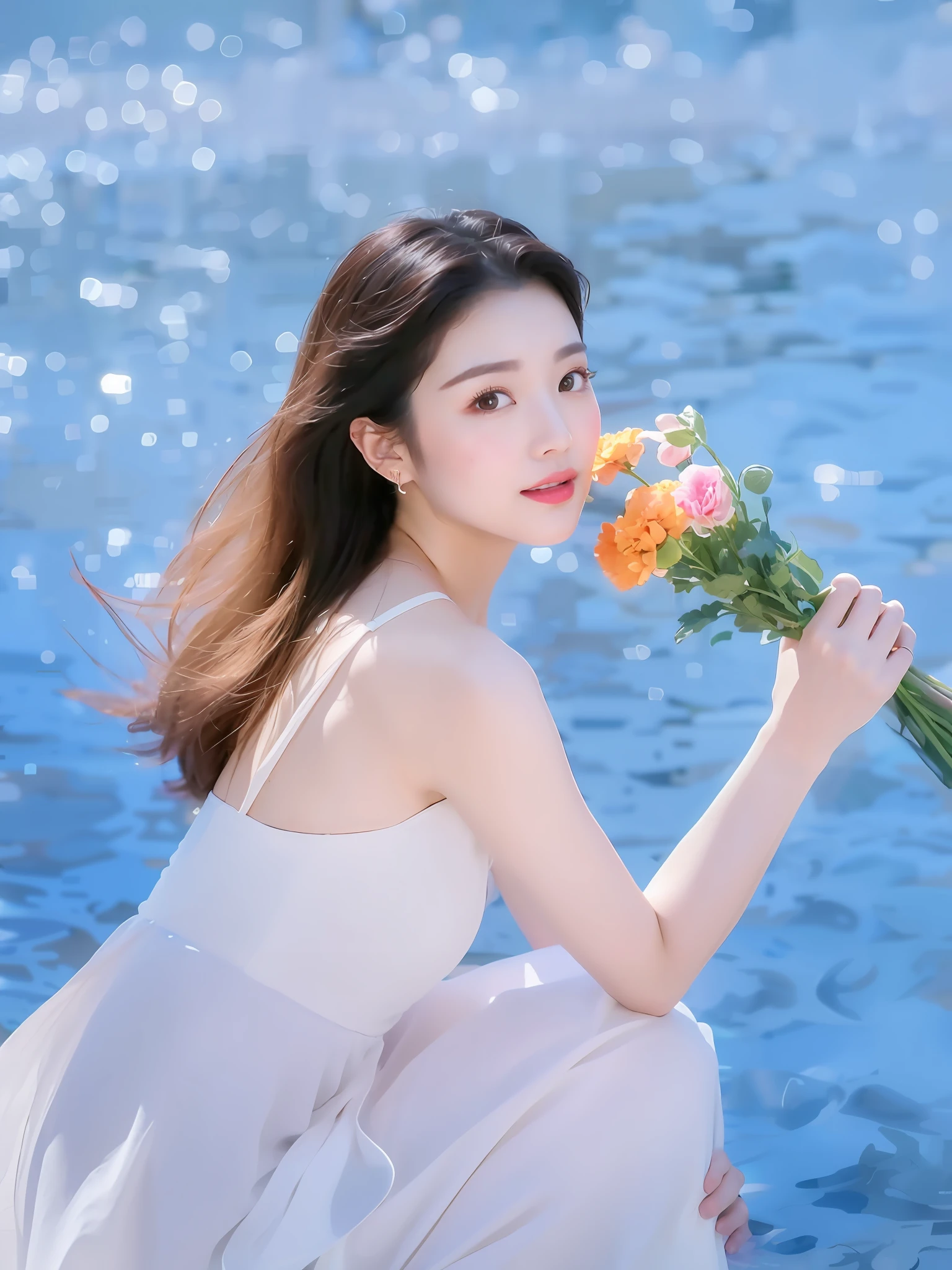 Flowers all over the wall, (best light: 1.2, cute Chinese girl: 1.2, [white dress: 1.3], full body, beautiful dance moves, wearing pink long-haired mink bandeau dress, multicolored flower wall, poster level, flowers on the wall are not crowded, elegant and colorful: 1.1, bright and moving: 1.1, [ultra-detailed: 1.2 + dynamic pose + delicate: 1.2],), big breasts, pursed lips, The sides are five-colored flowers, the wall is pink hydrangeas, roses, colorful chrysanthemums, and the background wall is a wall of flowers dominated by pink