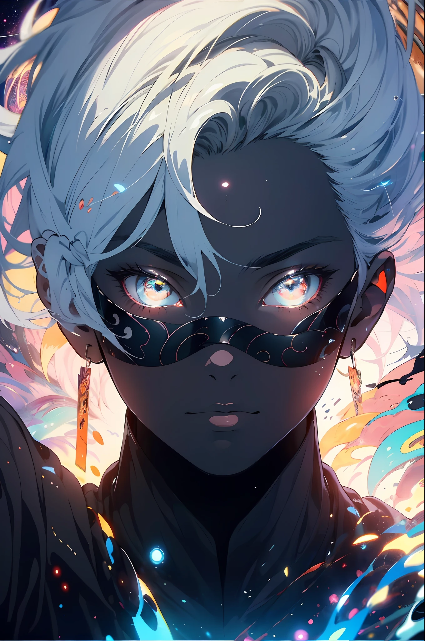 realisti, (A Masterpiece, HighQuality, the best quality, official art, Beauty and Aesthetics: 1.2), Very detailed, fractal art, colourful, The most detailed, zentangle, (Abstract background: 1.5) (1boy: 1.3), God, white colored hair, short Hair, (Glowing white eyes), mysterious, (magic), Handsome, Firefly, starlit sky, Bamboo forest