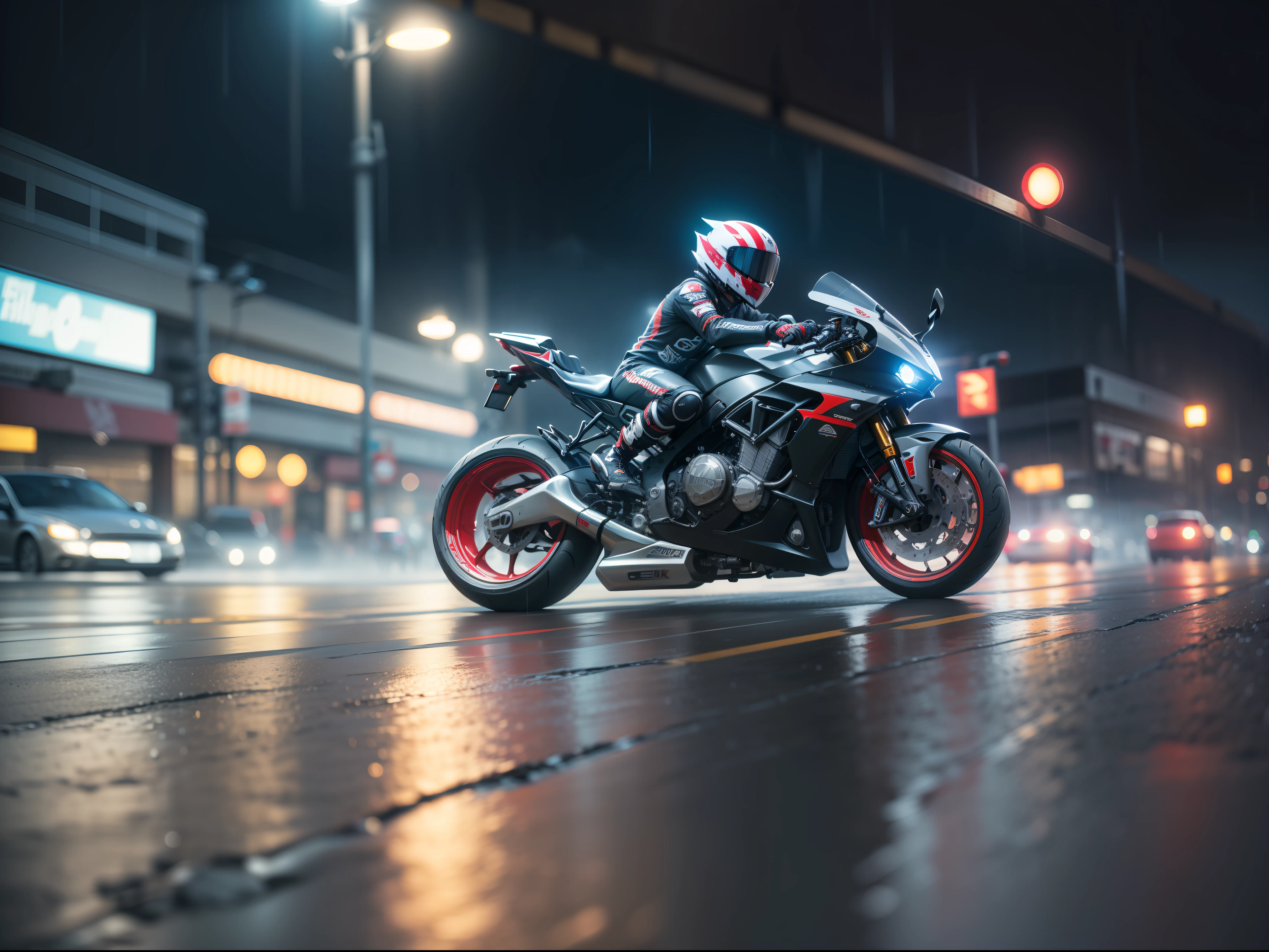 Futuristic speed racing street bike, aerodynamic, multi spoke rims, extra wide wheels, black satin and light grey with red accent color combo, cinematic, single studio soft box, studio shoot, soft light, shallow depth of field, 50mm 1.4, fog, rain, night, dark parkade, micro-details, reflection, light glow, dark photo
