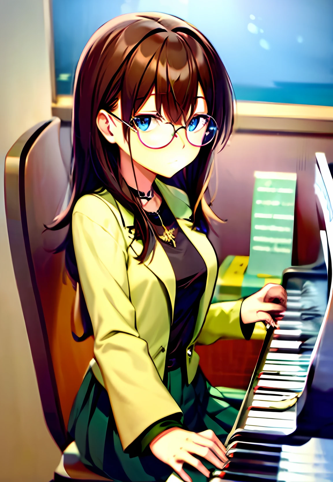 animegirl，piano，Brunette Hair, eye glass