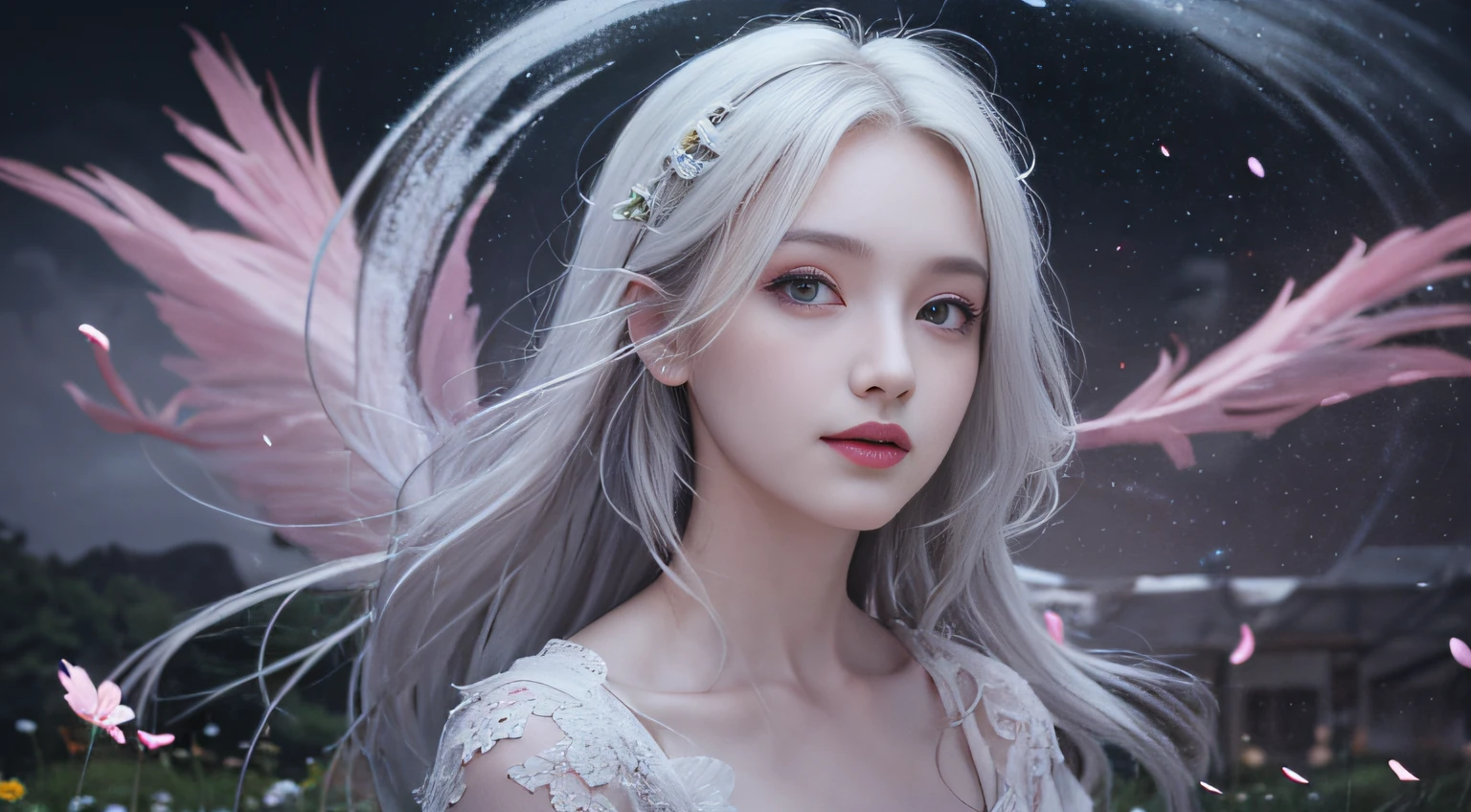 NSFW:1.5,Masterpiece, Best quality, 1girls, (Colorful),(delicate eyes and face), volumatic light, Ray tracing, Bust Up Shot ,Passing the eyes of God，fcollarbone，Barefoot，Extremely detailed CG unity 8k wallpaper,独奏,Make a smile,((flying petal)),(Flowery meadow) Sky, cloudy day_Sky,moonbeams, Moon, Night, (Dark theme:1.3), Light, fantasy, aeolian, magic sparks, dark castle,White hair,God's perspective