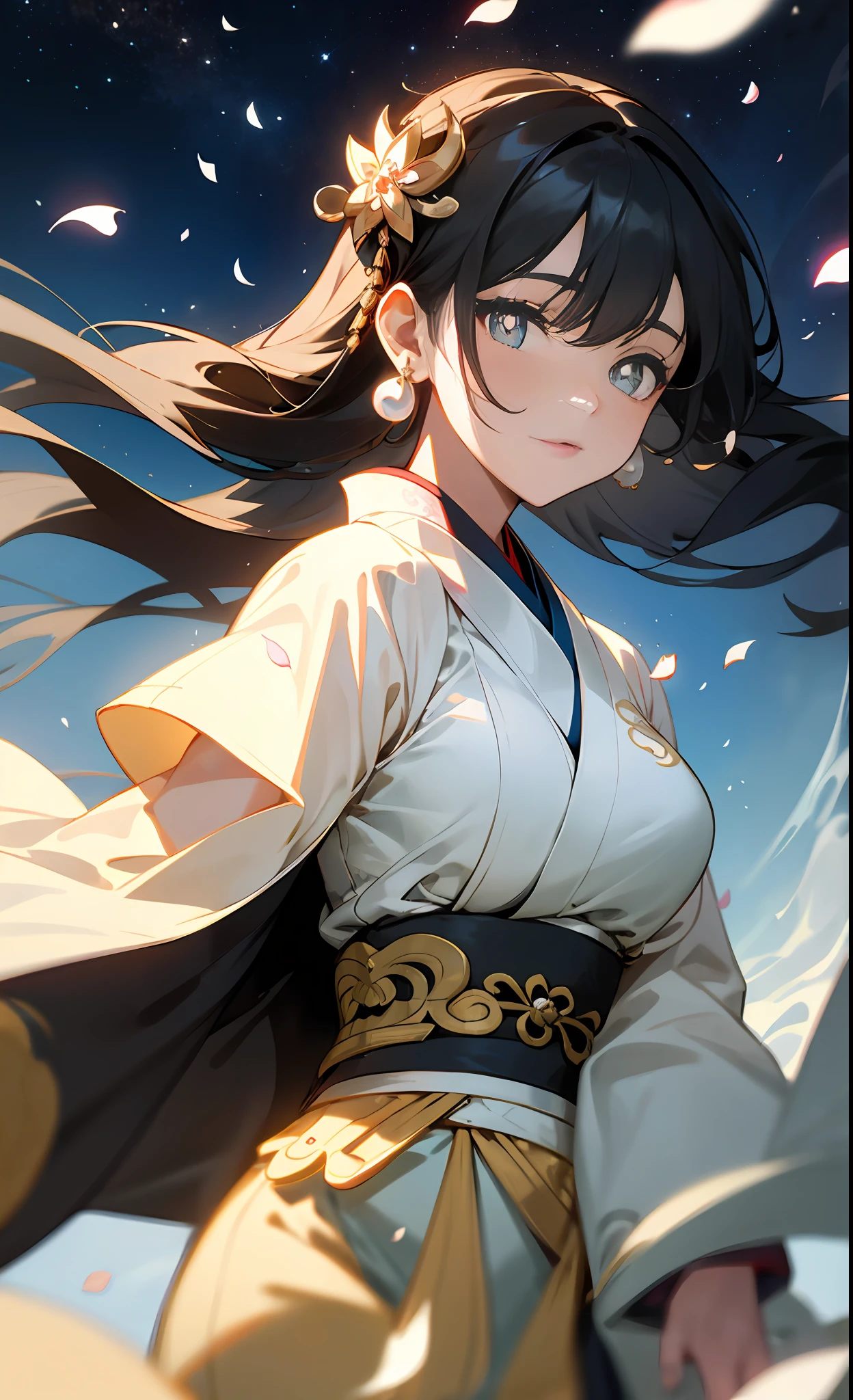 Mature girl , Black hair, Floating hair, delicate and smart eyes, starry pupils, White intricate damask hanfu, Gorgeous accessories, Wearing pearl earrings, fov, F1.8, Masterpiece, complex scene, Petals flying, front portrait shot, Chang'e,big boob