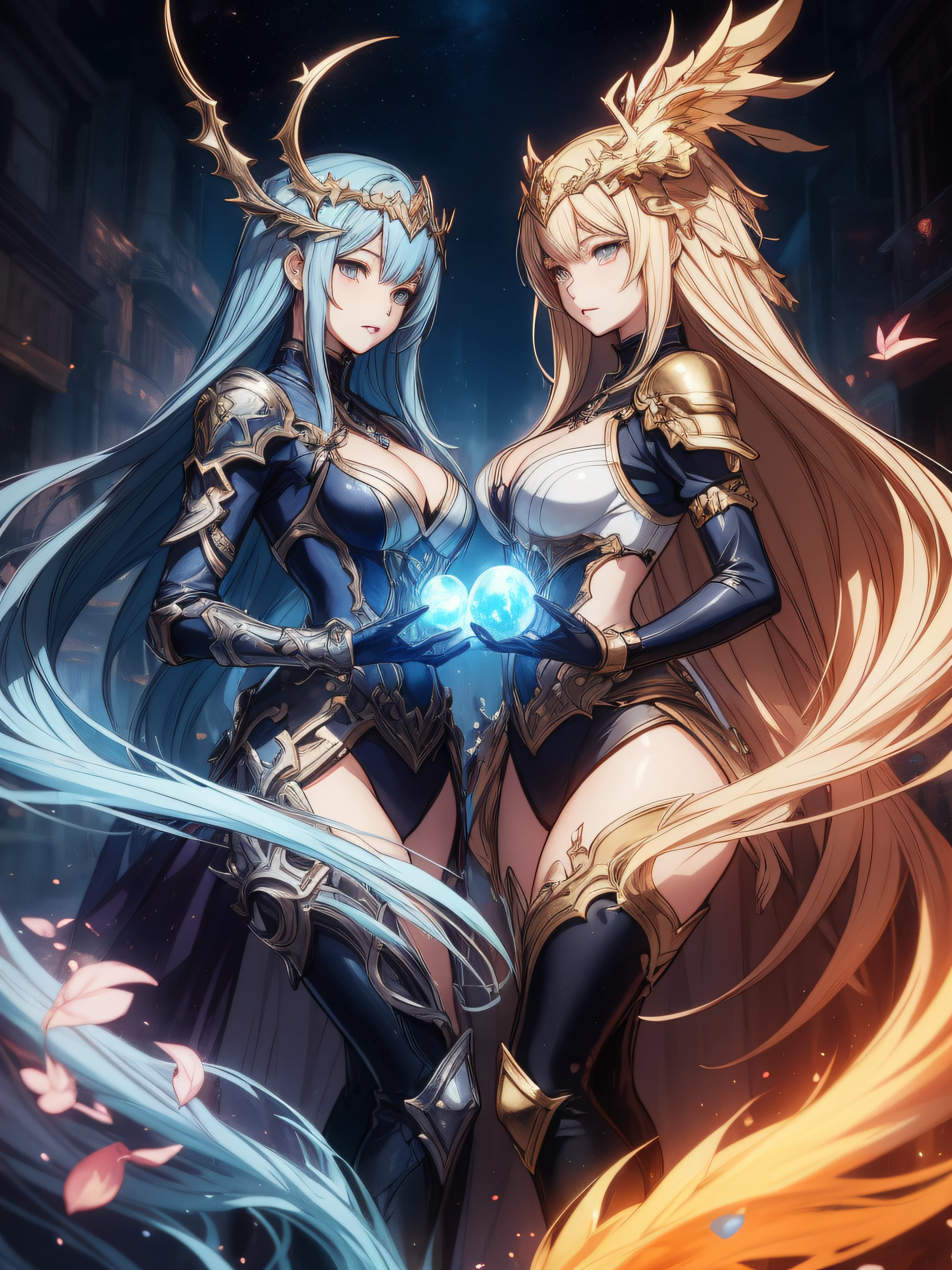 a couple of anime girls with long hair and armors, beautiful gemini good and evil, 2. 5 D CGI anime fantasy artwork, shadowverse style, Anime fantasy artwork, Beautiful Gemini twins, Epic fantasy art style HD, artgerm and genzoman, anime fantasy illustration, extremely detailed artgerm, Ruan Jia and Artgerm, anime goddess