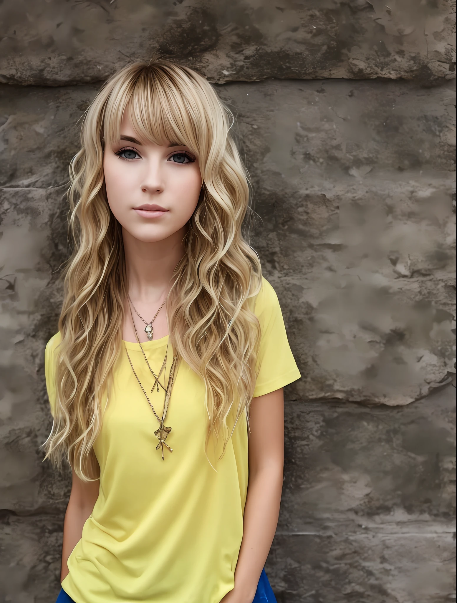 girl with yellow blonde wavy hair and bangs