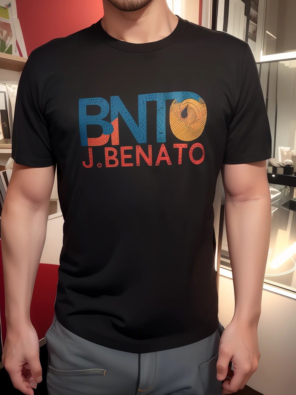 Alafard man in black T-shirt,It reads BNTO in red and blue, kentaro, tshirt design, wearing a t-shirt, tshirt design, shirt design, author:Benjamin Marat, black t shirt, T‐shirt!!, he is wearing a black t-shirt, p. j. n, author:Eno, t - shirt design, T-shirt design