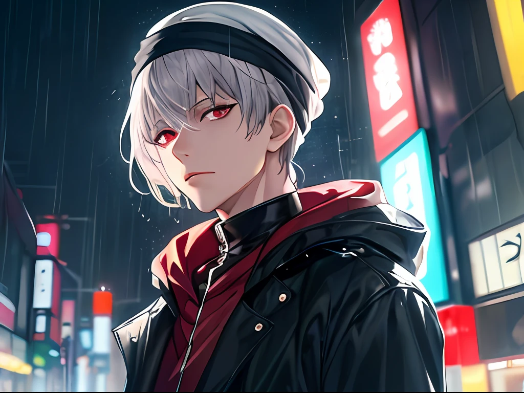 kk, best quality, more details, mastery, 1boy, kaneki ken, portrait, male focus, red eyes, solo, bangs, looking at viewer, hood, short hair, rain, tokyo tokyo \(city\), turban, nail polish , gray hair, luxury, 8k, detail, ray tracing, depth of field, movie lighting,