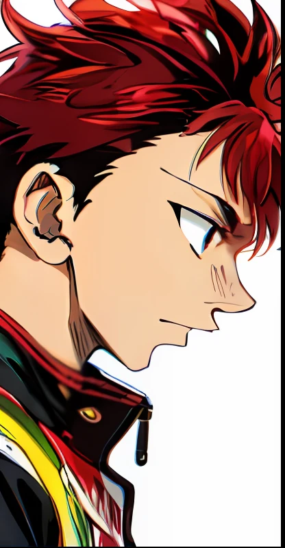 anime boy with black and red hair staring at something from side view, jacket, side view, color manga, manga color, color manga, color manga panel, simple background, a white background