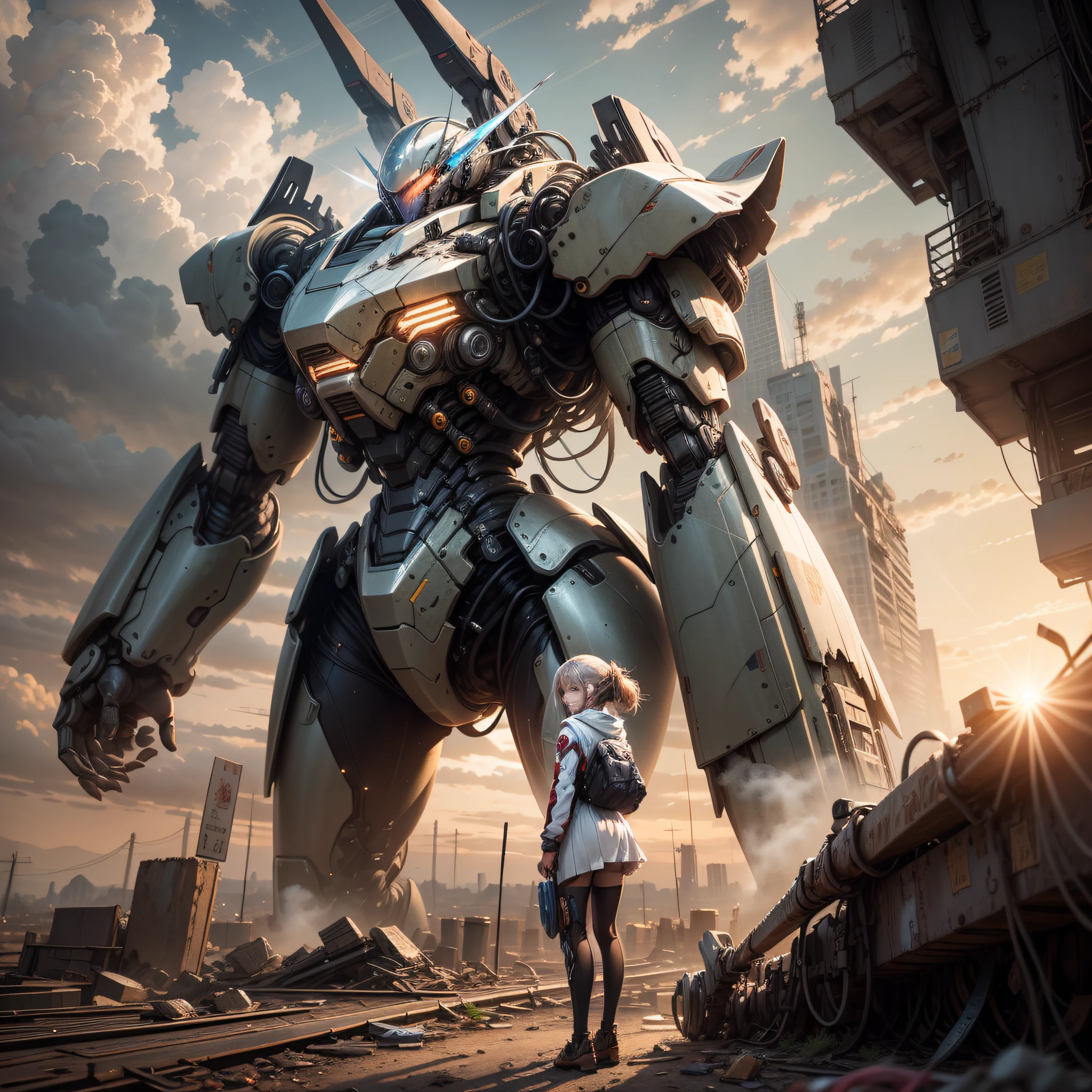 masterpiece,best quality,ultra-detailed,extremely detailed CG unity 8K wallpaper,1 girl,extremely delicate and beautiful,stand on an broken mecha,stare at sky,sunset
