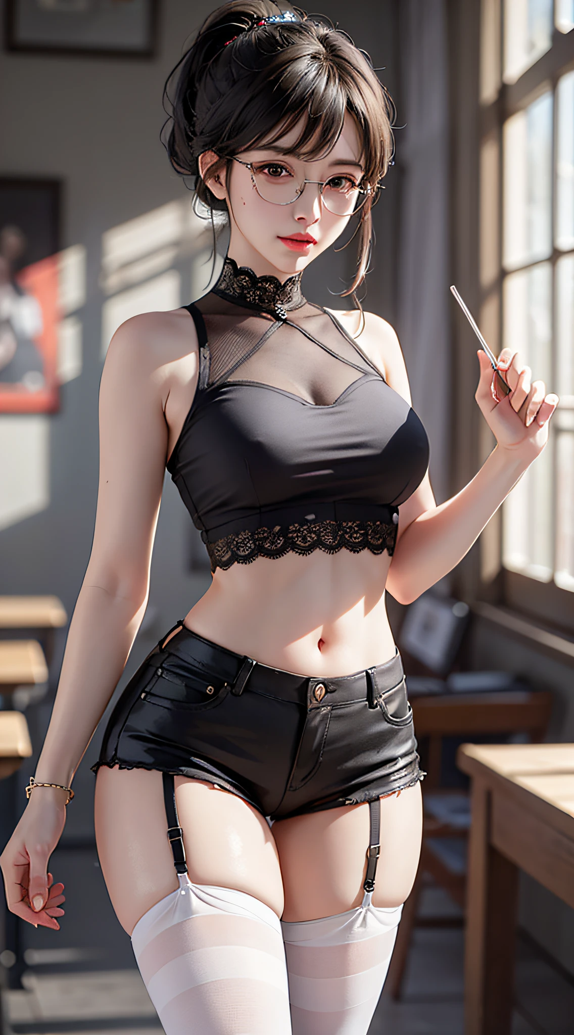 Street, single ponytail, side ponytail, high ponytail, tall figure, long legs, (sleeveless lace shirt), (shorts), (striped stockings)), ((striped stockings)), walking, elegant, dignified, feminine, curvaceous, sweet smile, strong sense of detail and layering, rich gorgeous colors, with unique texture, rich colors, color harmony, vivid painting, design art, 16k, super detailed, {{illustration}}, {extremely refined and beautiful}, {exquisite finish}, Ultra-detailed, delicate glowing eyes, {{cinematic light}}, extreme light effects, Model: cinematic realism, CFG scale: 12, LoRA: Bright texture (1.35), high quality, masterpiece, delicate facial features, delicate hair portrayal, delicate eye portrayal, masterpiece, highest quality, ray tracing, extremely detailed CG unity 8k wallpaper, masterpiece, best quality, (1 girl), perfect female body, (((tight white t-shirt))), beautiful eyes, (delicate face), short black hair, hair tied up, light blue hairpin, black silk border glasses, in the classroom, (fair skin), (best lighting), (super complex details), 4K unity, (super detailed CG), exposed fair legs, stockings, hot pants, shorts,