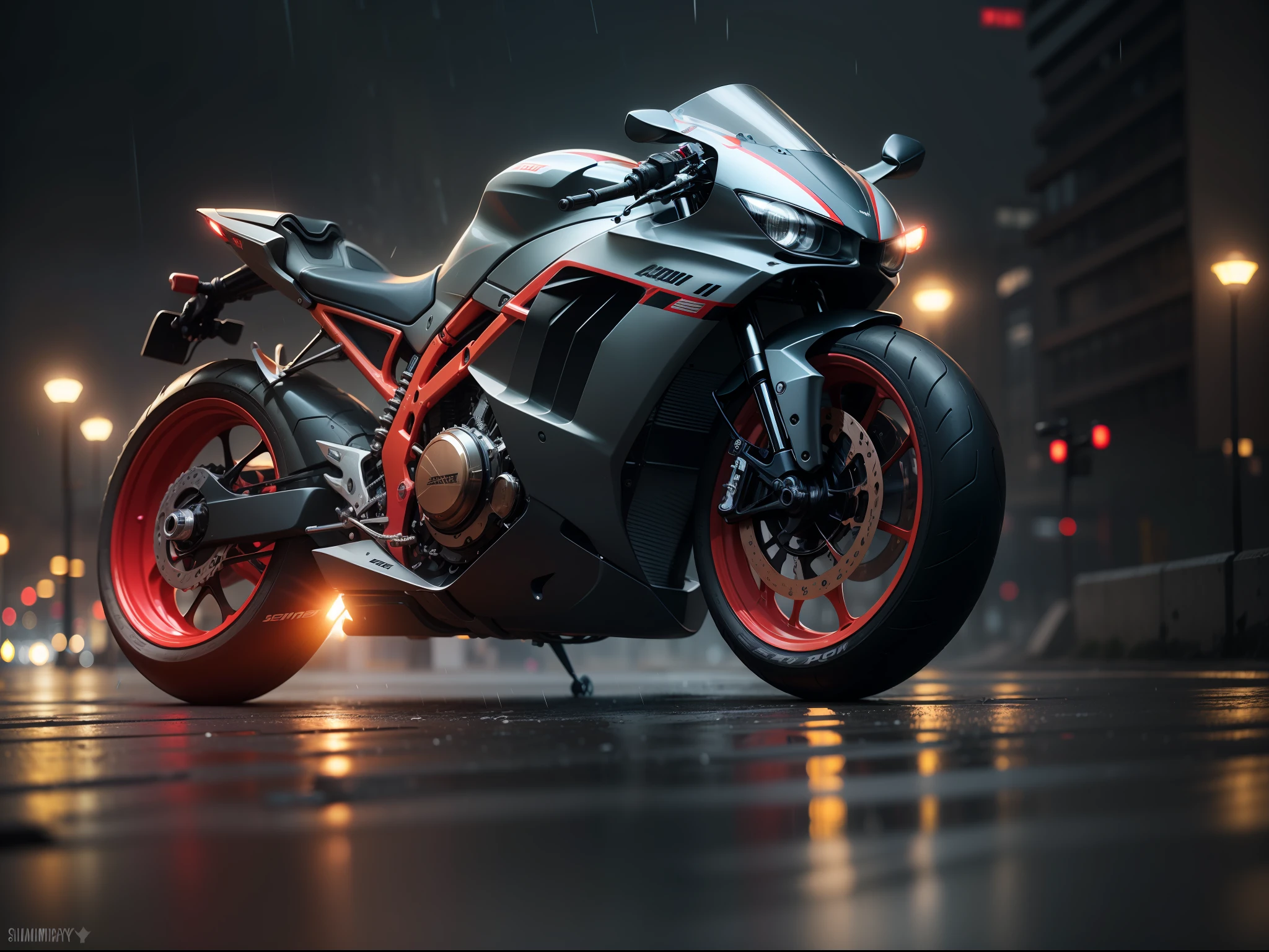 Extremely engineered Futuristic speed racing street bike, aerodynamic, multi spoke rims, extra wide wheels, black satin and glossy light grey with red accent color combo, complex bike, simitry, cinematic, single studio soft box, studio shoot, soft light, shallow depth of field, 50mm 1.4, fog, rain, night, dark parkade, micro-details, reflection, light glow, dark photo