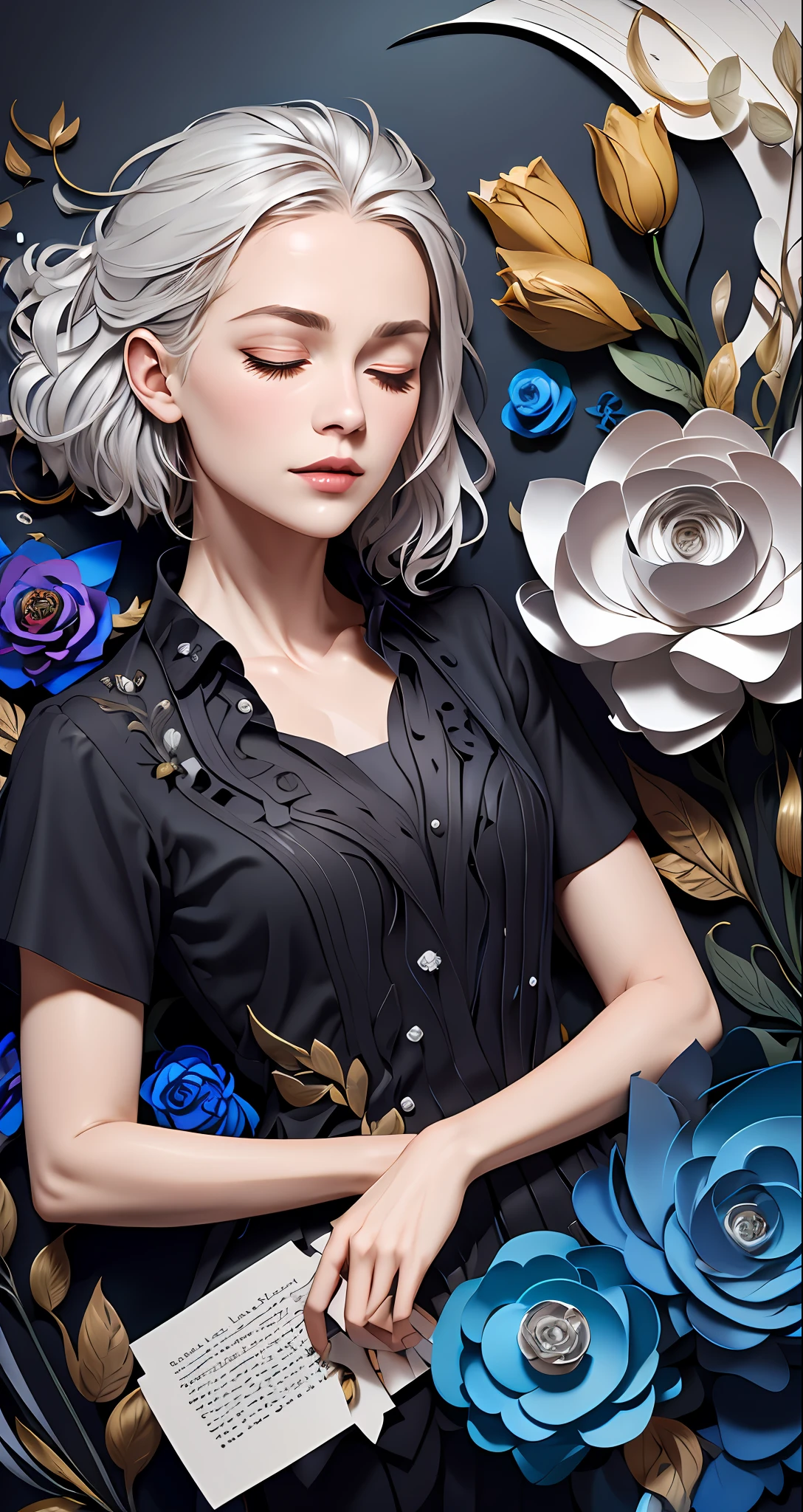 realistic, (best quality, masterpiece:1.3),book cover design,english text,
1girl,solo, silver hair, bright pupils, hair slicked back, long hair, black shirt, expressionless, closed eyes,
abstract background, flower, blue rose, fantasy,
paperCut