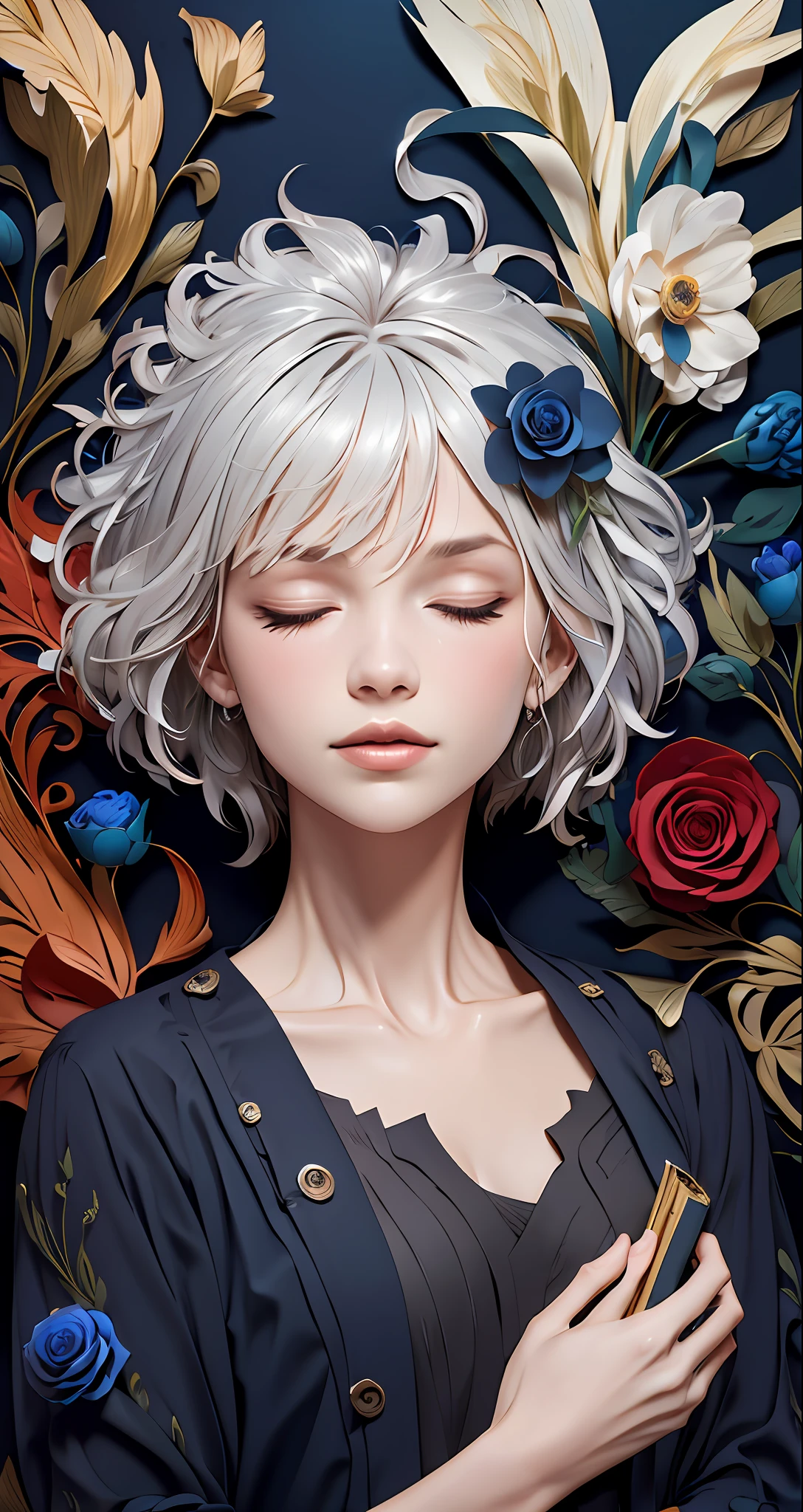 realistic, (best quality, masterpiece:1.3),book cover design,english text,
1girl,solo, silver hair, bright pupils, hair slicked back, long hair, black shirt, expressionless, closed eyes,
abstract background, flower, blue rose, fantasy,
paperCut