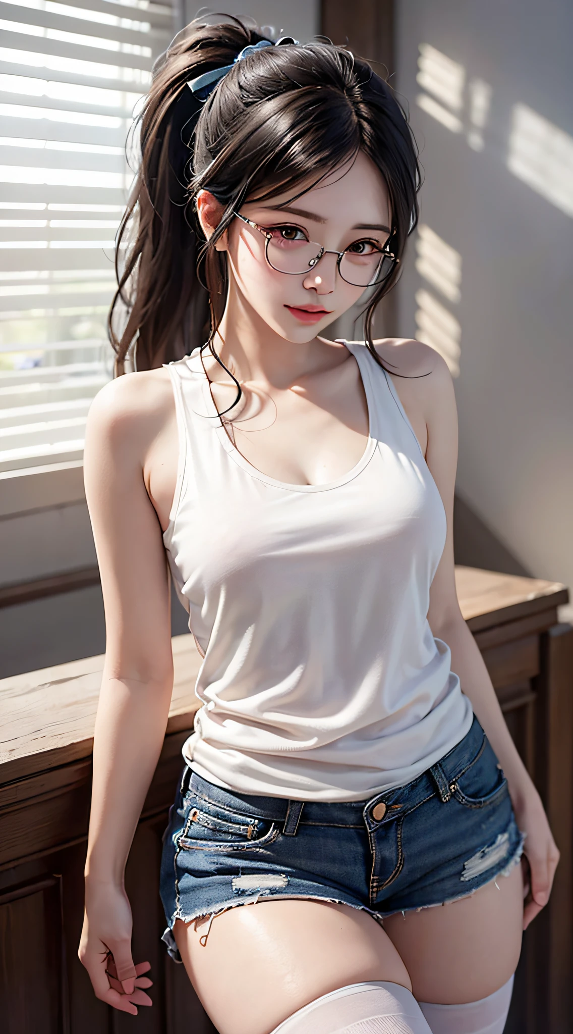 Street, single ponytail, side ponytail, high ponytail, tall figure, long legs, (sleeveless lace shirt), (shorts), (striped stockings)), ((striped stockings)), walking, elegant, dignified, feminine, curvaceous, sweet smile, strong sense of detail and layering, rich gorgeous colors, with unique texture, rich colors, color harmony, vivid painting, design art, 16k, super detailed, {{illustration}}, {extremely refined and beautiful}, {exquisite finish}, Ultra-detailed, delicate glowing eyes, {{cinematic light}}, extreme light effects, Model: cinematic realism, CFG scale: 12, LoRA: Bright texture (1.35), high quality, masterpiece, delicate facial features, delicate hair portrayal, delicate eye portrayal, masterpiece, highest quality, ray tracing, extremely detailed CG unity 8k wallpaper, masterpiece, best quality, (1 girl), perfect female body, (((tight white t-shirt))), beautiful eyes, (delicate face), short black hair, hair tied up, light blue hairpin, black silk border glasses, in the classroom, (fair skin), (best lighting), (super complex details), 4K unity, (super detailed CG), exposed fair legs, stockings, hot pants, shorts,
