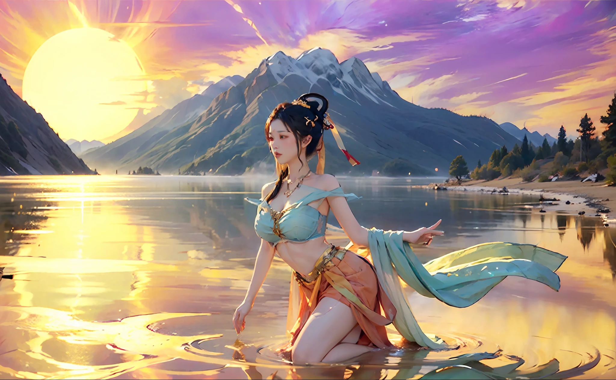 1girl with big breasts，calm expression，captivating eyes，Straight hair，Flowing skirt，A calm posture，Porcelain-like skin，Subtle blush，Crystal Pendant BREAK Prime Time，（edgelighting）：1.2，warm color palette，sun flares，gentle shadows，bright colours，painterly finish，Fantastic atmosphere BREAK scenic lake，distant mountain，Willow，Golden desert，glint，Sunlit clouds，sereneatmosphere，Idyllic sunsets，hyper detailed，officlal art，统一 8k 壁纸，zentangle，a Mandala