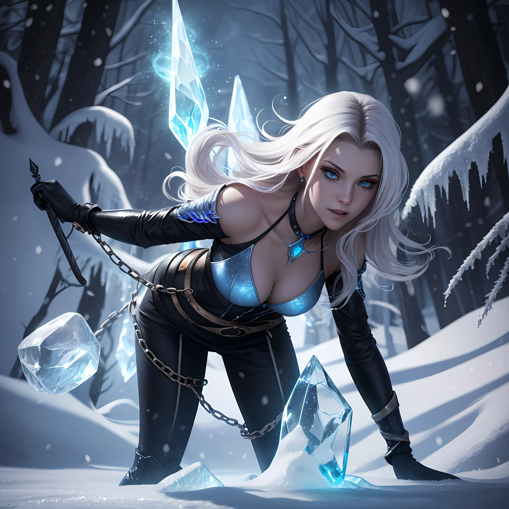 a beautiful demonic sorceress conjuring ice,standing and looking at viewers, various ice chains around her,(((detailed perfect face))),light smile, beautiful face, seductive body,tall body, mature body, BREAK frost aura, ice spear, lots of ice shard, blue and white ice shard dazzling around, small ice phoenix flying in the background, crystal and snow on the ground, blizzard, sexy body BREAK,Detailed,Realistic,4k highly detailed digital art,octane render, bioluminescent, BREAK 8K resolution concept art, realism,by Mappa studios,masterpiece,best quality,official art,illustration,ligne claire,(cool_color),perfect composition,absurdres, fantasy,focused,rule of thirds, --auto