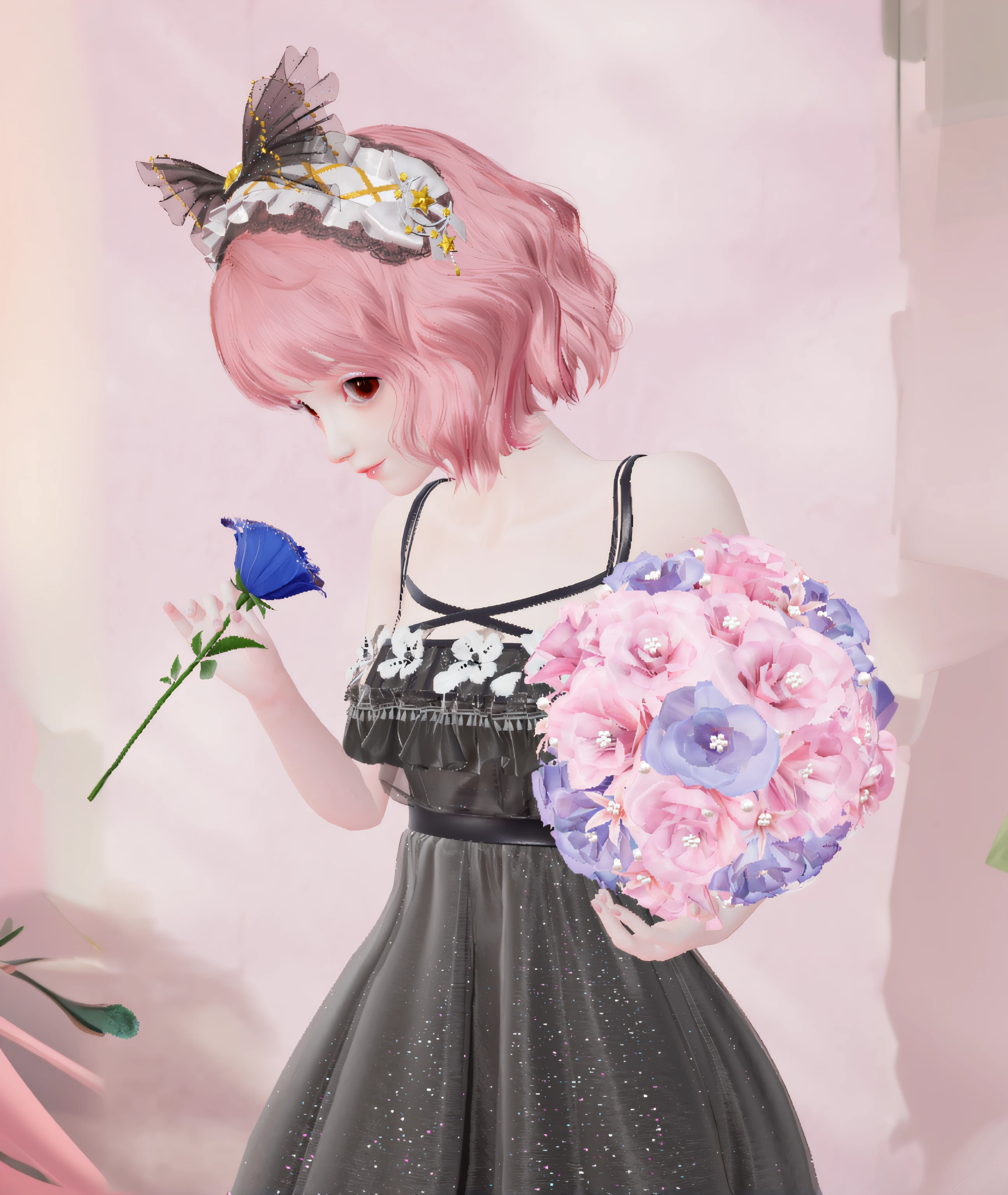 there is a woman with pink hair holding a flower and a blue rose, ethereal flowerpunk, holding magic flowers, with flowers, holding flowers, with bloom ethereal effects, bouquet, sayori, guweiz, queen of flowers, holding a flower, 🌺 cgsociety, fairycore, rose crown, sakimichan, aesthetic cute with flutter, lolish
