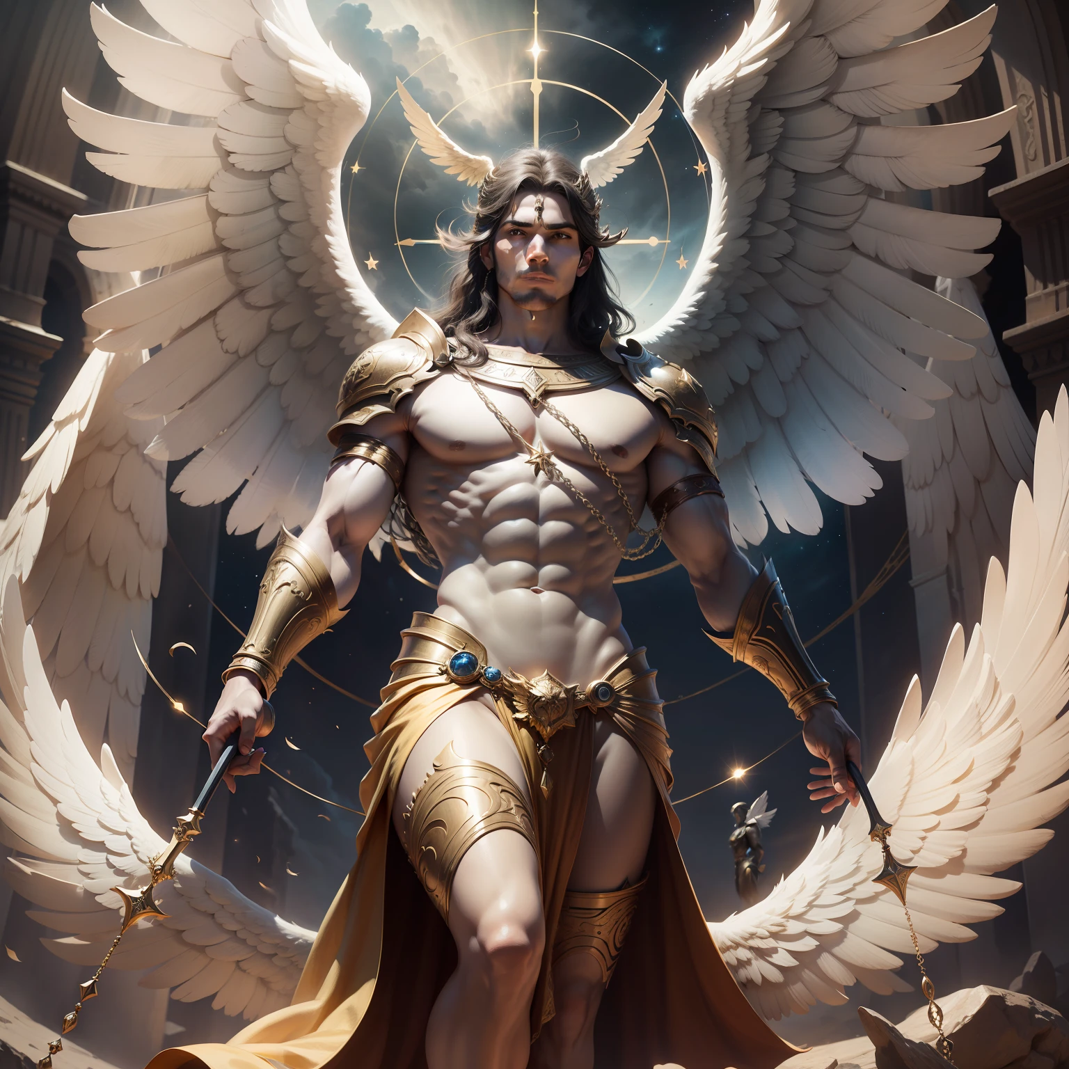 celestial male angel with wings, facing the titan of time Kronos, masterpiece, trends, 8k