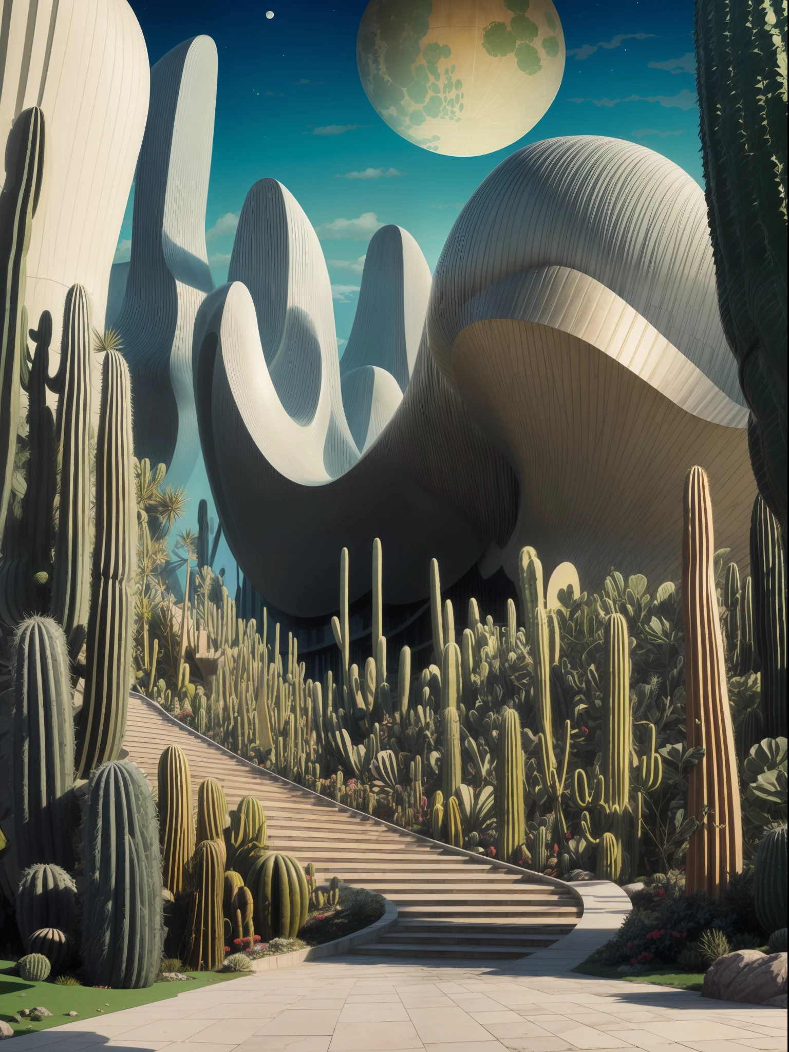 (masterpiece, best quality)),illustration,ultra detailed 8k, An illustration, ((Estilo collage)), (((multiple Zaha Hadid's style buildings))), (((Mike Mignola's artistic style))), (Secciones), ((Colores desaturados)),big rocks, ((lago)), cacti, (nubes lisas), un puente, escalera, La Luna, Grandes edificios, abundant vegetation, Arbustos, (((big geometric sculptures))), hard shadows,
