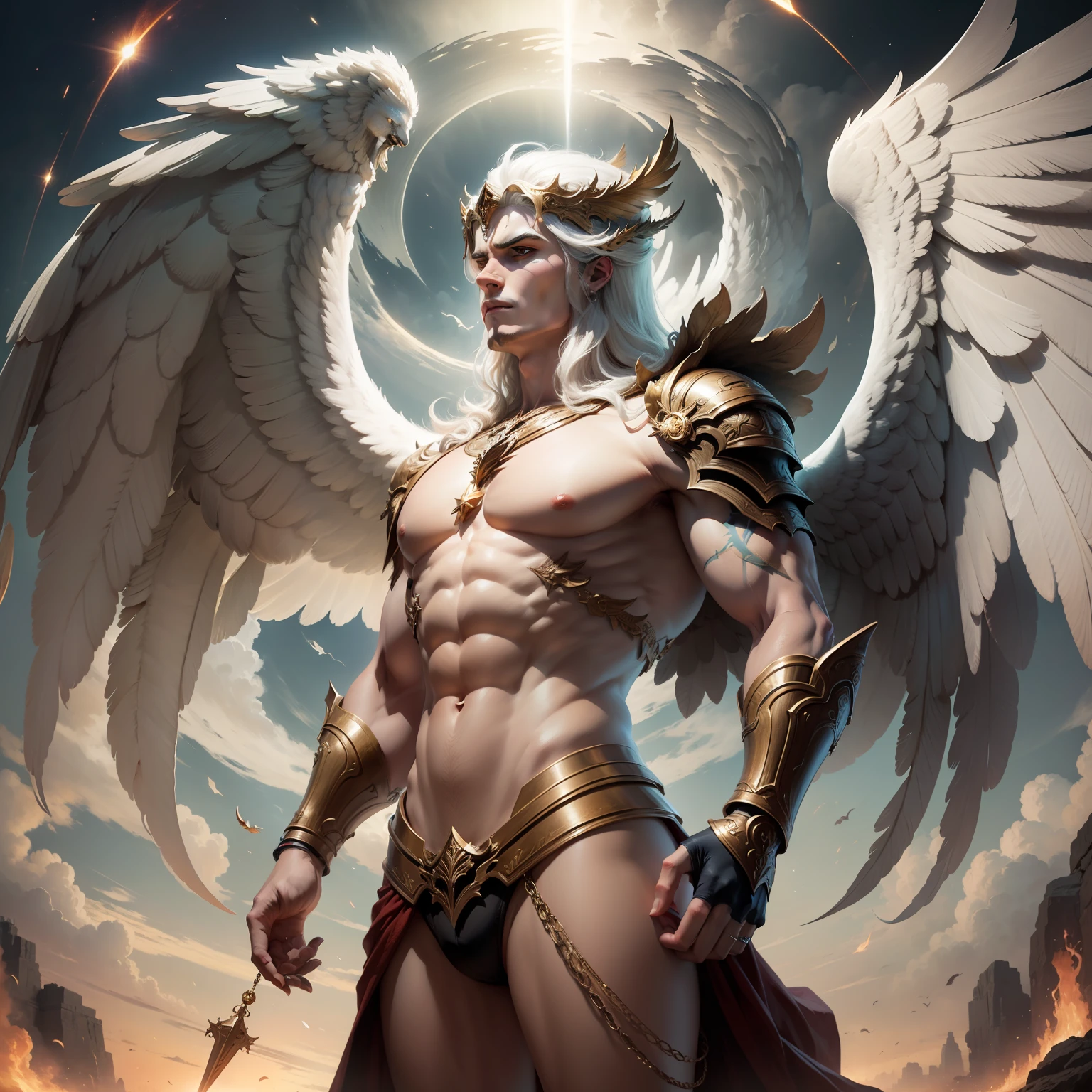 celestial male angel with wings, facing the titan of time Kronos, masterpiece, trends, 8k