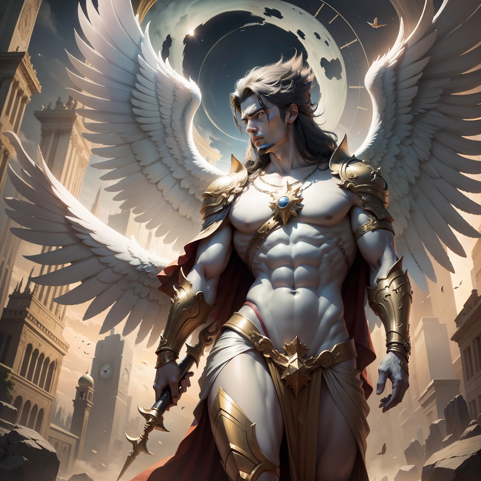 celestial male angel with wings, facing the titan of time Kronos, masterpiece, trends, 8k