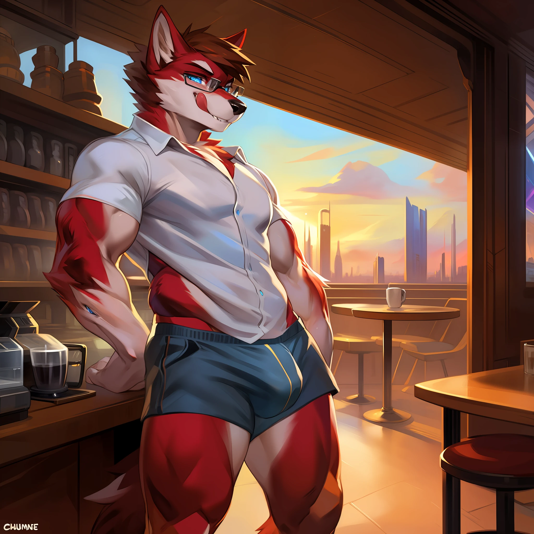 Solo, male, minigiantess, bulge, head touching the ceiling, smirking, hawaiian shirt, cargo shorts, erection, bulge, detailed groin, detailed crotch, glasses, evil expression, licking lips, teeth, red wolf, tall, muscular, biceps, coffee shop, looking at viewer, fullbody shot, sunset, red fur, long snout, blue eyes, detailed eyes, detailed hands, brown hair, short hair, by chunie, by darkgem, by glitter trap boy, by buta99, by bebebebebe, retrofuturist coffee shop, futuristic city outside window, retro furniture, standing