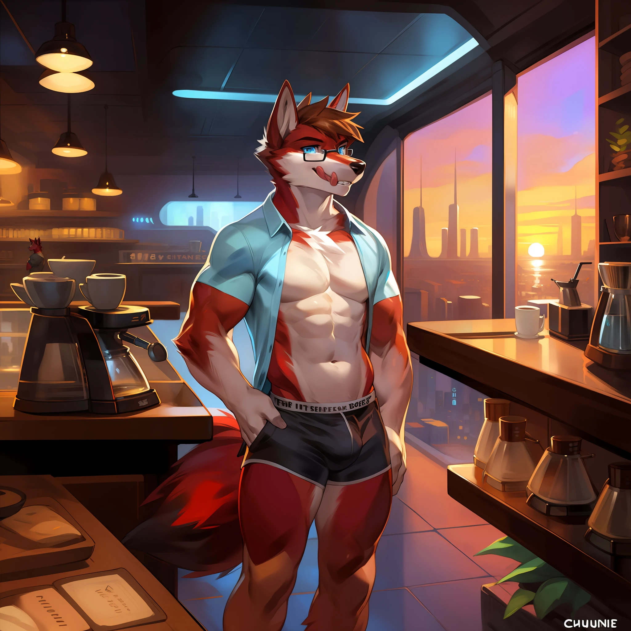 Solo, male, minigiantess, bulge, head touching the ceiling, smirking, hawaiian shirt, cargo shorts, erection, bulge, detailed groin, detailed crotch, glasses, evil expression, licking lips, teeth, red wolf, tall, muscular, biceps, coffee shop, looking at viewer, fullbody shot, sunset, red fur, long snout, blue eyes, detailed eyes, detailed hands, brown hair, short hair, by chunie, by darkgem, by glitter trap boy, by buta99, by bebebebebe, retrofuturist coffee shop, futuristic city outside window, retro furniture, standing