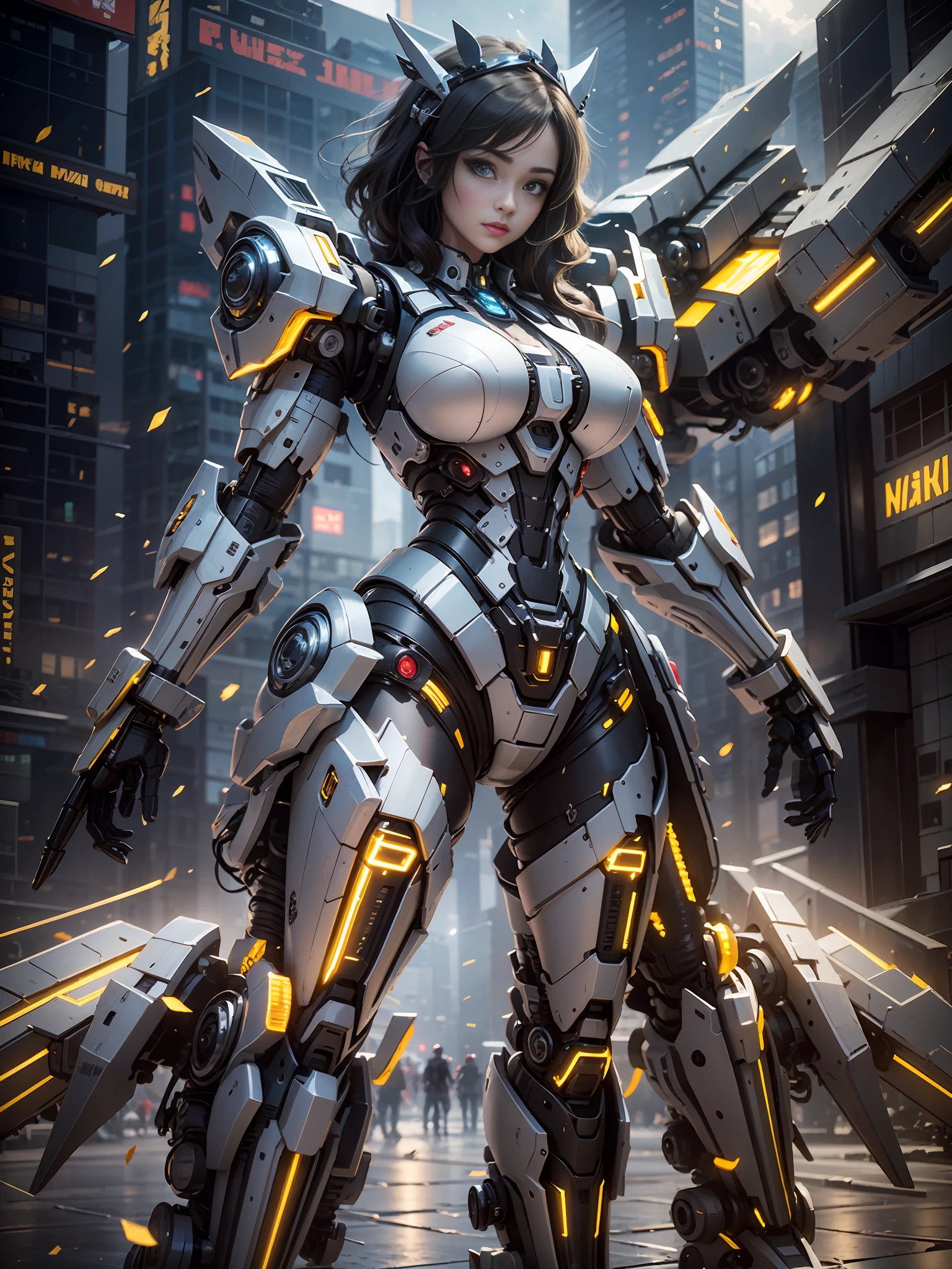 (Best Quality)), ((Masterpiece)), (Very Detailed: 1.3), 3D, Icaru valkirie-mecha, Beautiful cyberpunk woman wearing crown, with master chef style armor, sci-fi technology, HDR (High Dynamic Range), ray tracing, nvidia RTX, super resolution, unreal 5, subsurface scattering, PBR texture, post-processing, anisotropic filtering, depth of field, maximum sharpness and sharpness, multi-layer texture, Specular and albedo mapping, surface shading,  accurate simulation of light-material interactions, perfect proportions, octane rendering, duotone lighting, low ISO, white balance, rule of thirds, wide aperture, 8K RAW, high efficiency subpixels, subpixel convolution, light particles, light scattering, Tyndall effect, very sexy, full body, battle pose, black hair with braids,