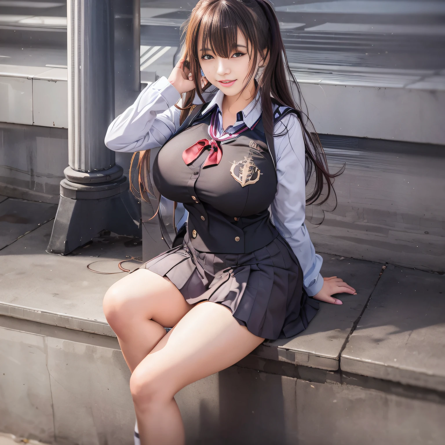 A high school girl、sailor clothing、School bag、pleated skirts、Five fingers、giant boobs、Chest that seems to burst、Cool poses、Smile、one women、Fitness Model、abdominal muscles、long legs、slender legs、ponytails、tanny skin、shining skin、fullbody view、publicity cosplay、full-cosplay