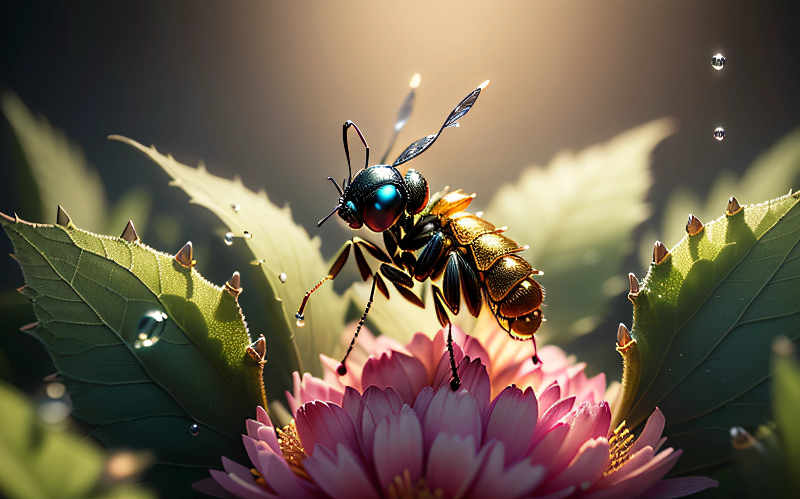 (ant), (flower petal), (macro lens), (ant body), (antennae), (legs), (pollen), (dewdrops), (shimmer), (visual experience).(Best Quality, Masterpiece:1.4), (Realism:1.2), (Realisitc:1.2),tk-char, multiple views of the same crowd scene,award-winning graphics,final fantasy, Masterpiece, highly detailed, 8k,Detailed, Ultra-Detailed, Digital Art, rtx, Unreal Engine,scene concept art,glare effect