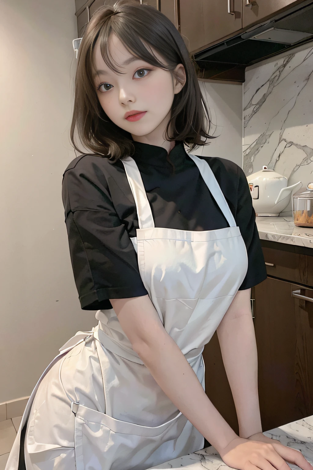 Top image quality、RAW Photography、extra high resolution、16-year-old Korean、Culinary apron、Black apron、large round breasts、Short Bob、shiny white skin、Beautiful eyes with random colors、Very thin lips、Beautiful eyes in every detail、elongated eyes、pale pink blush、long eye lashes、Beautiful double eyelids、eyeshadows、light white hair、black walls、kitchen、Cafe kitchen、Cafe counter table