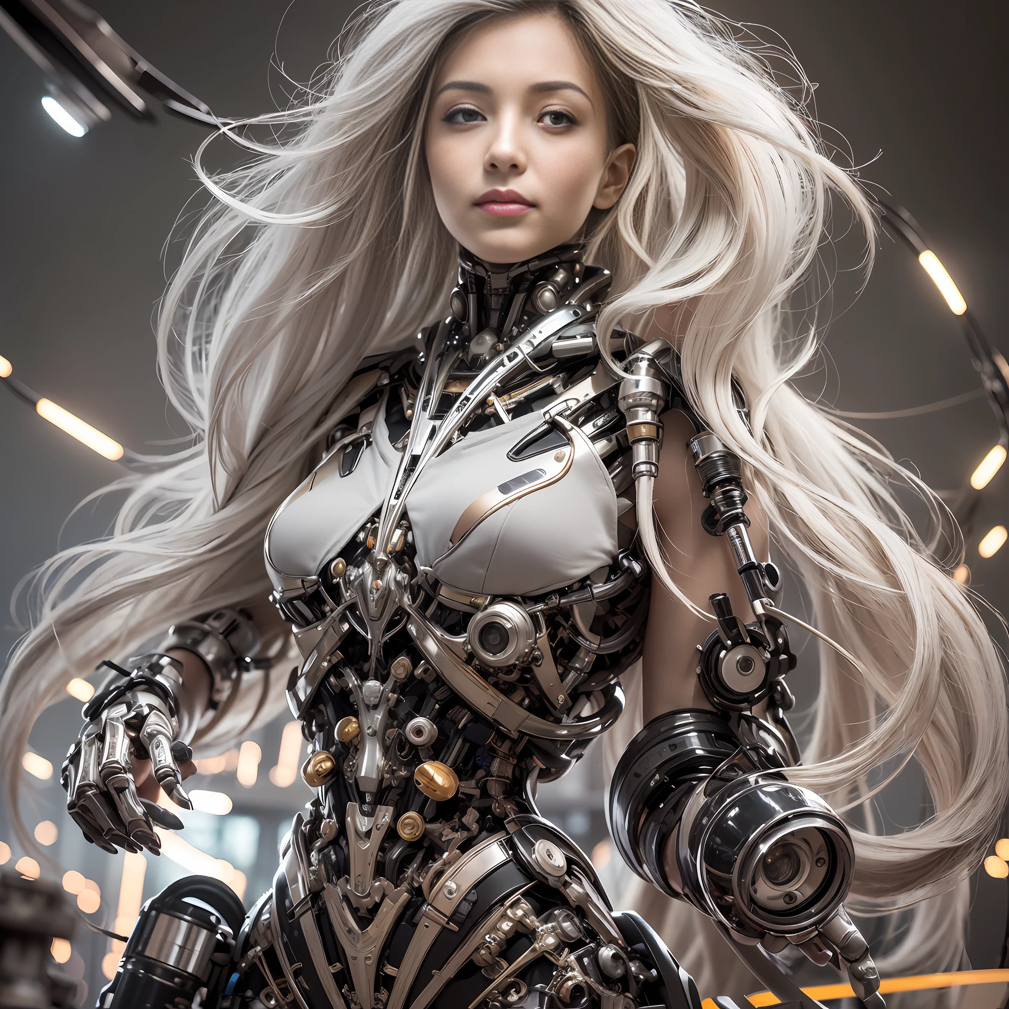 Beautiful Face,face is Japan, 1 Woman, Big, Curvaceous, (16k, RAW photo, top quality, masterpiece: 1.2), (HDR, Realistic, Photorealistic: 1.37) (tube attached to the body), (Bikini Cyborg robot parts)))), (light gray hair), Long hair, Wavy hair, Twin tails, Medium shot, ( Seductive smile)), (black eyes), double eyelids, princess cut, from below, (whole body),posing,,in the lab,( tube connected to blood vessel),((mechanical vertebrae attached to the back)),((mechanical neck attached to the neck)),(wire and cable attached to head and body),(character focus),science fiction,perfect female figure,perfect anatomy, hyperanatomy, full body shot, relationship between up to 4 fingers and 1 thumb, spherical joint,