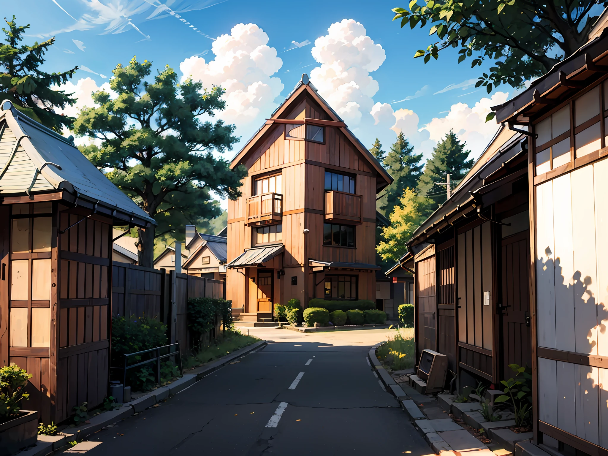 (Japanese town Landscape), (Hayao Miyazaki Style), cartoon, japanese townhouse, road, bend, small house, tree, pole, white cloud, landscape, outdoor, green trees, epic composition, realistic lighting, high-definition detail, masterpiece, the best quality, (very detailed CG unified 8k wallpaper), --v6