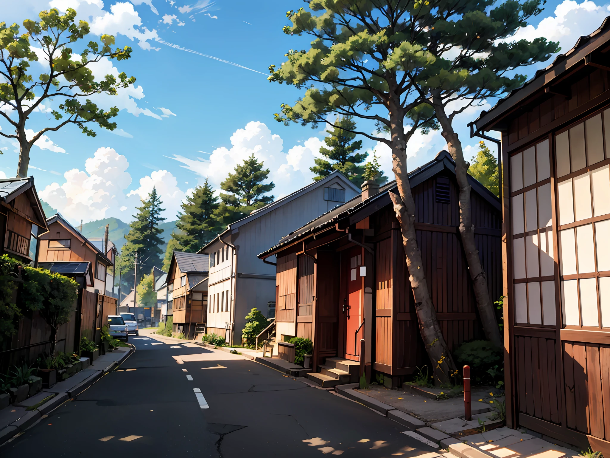(Japanese town Landscape), (Hayao Miyazaki Style), cartoon, japanese townhouse, road, bend, small house, tree, pole, white cloud, landscape, outdoor, green trees, epic composition, realistic lighting, high-definition detail, masterpiece, the best quality, (very detailed CG unified 8k wallpaper), --v6
