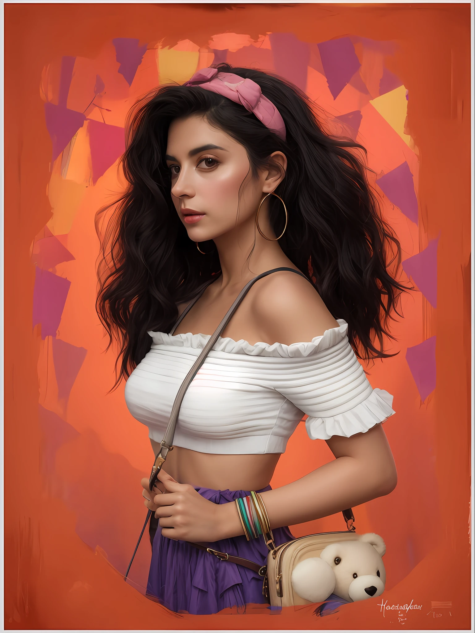 a digital painting of a woman with a purse and a teddy bear, extremamente realista, Cores abstratas, textura, filmic grain, poros da pele, dusty atmospheric haze, vinheta, intrincado hasselblad dslr 8K RAW foto de retrato