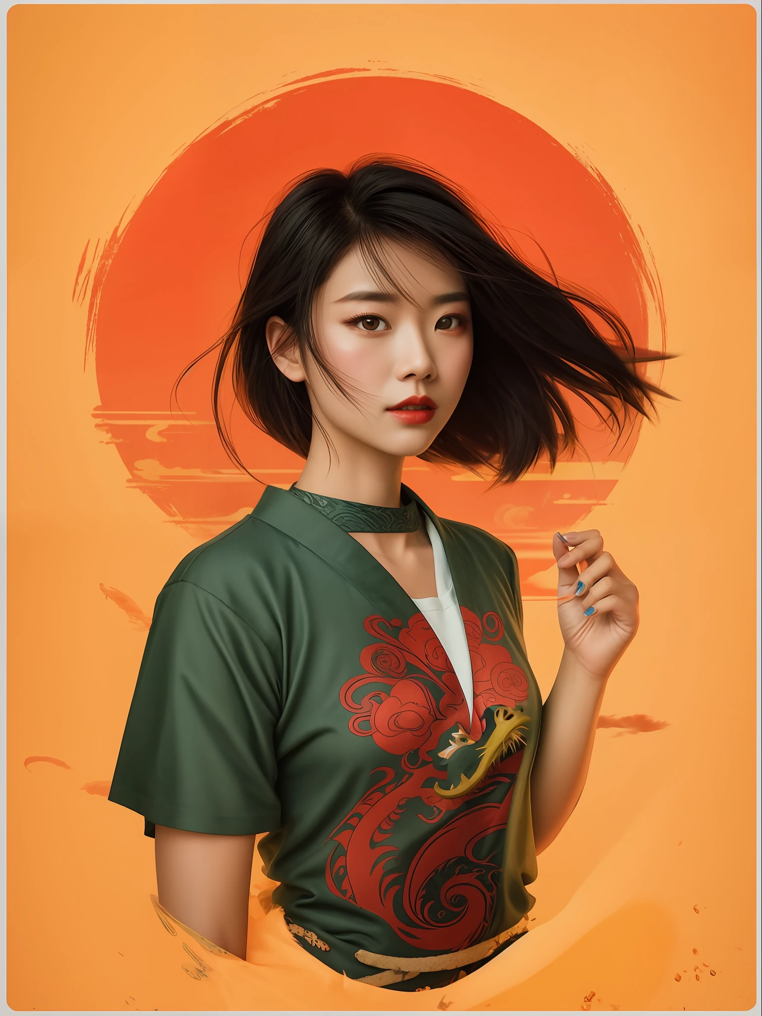 a woman with a dragon on her chest and a green shirt, Retrato de Mulan, extremamente realista, Cores abstratas, textura, filmic grain, poros da pele, dusty atmospheric haze, vinheta, intrincado hasselblad dslr 8K RAW foto de retrato