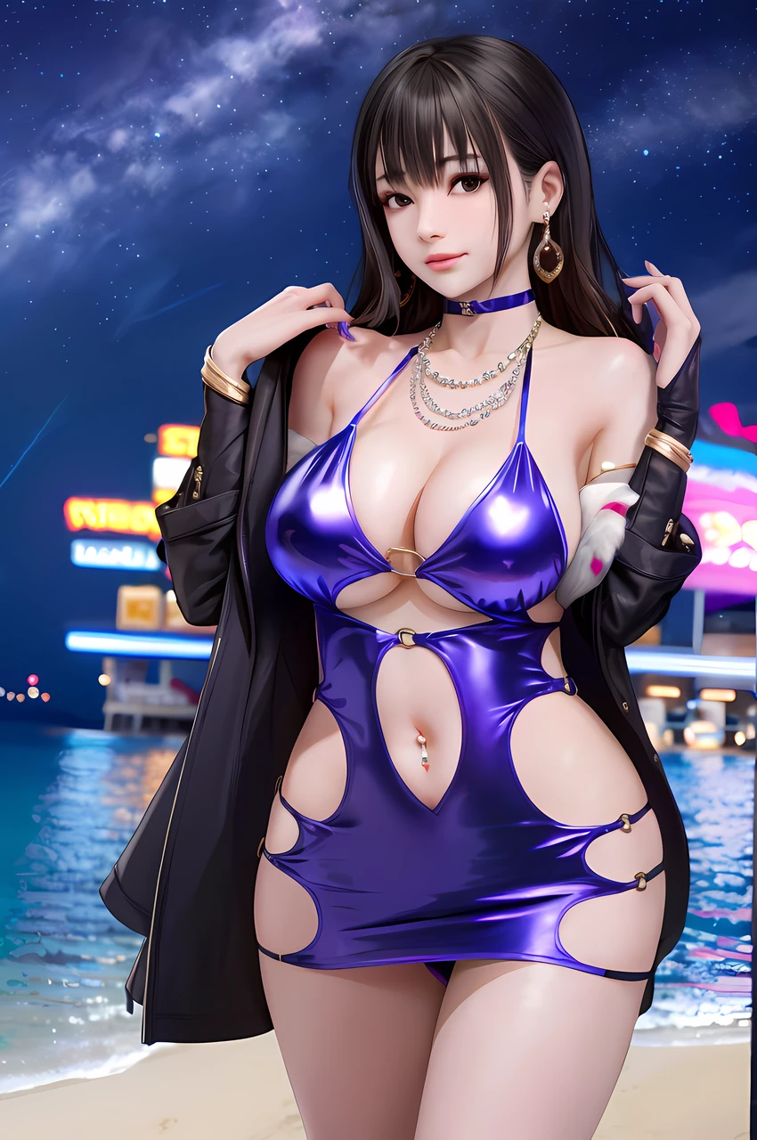 nanami, 1girl, solo, casino, bodycon, microdress, necklace, earring, navel, face focus, fur coat, night sky, beach
