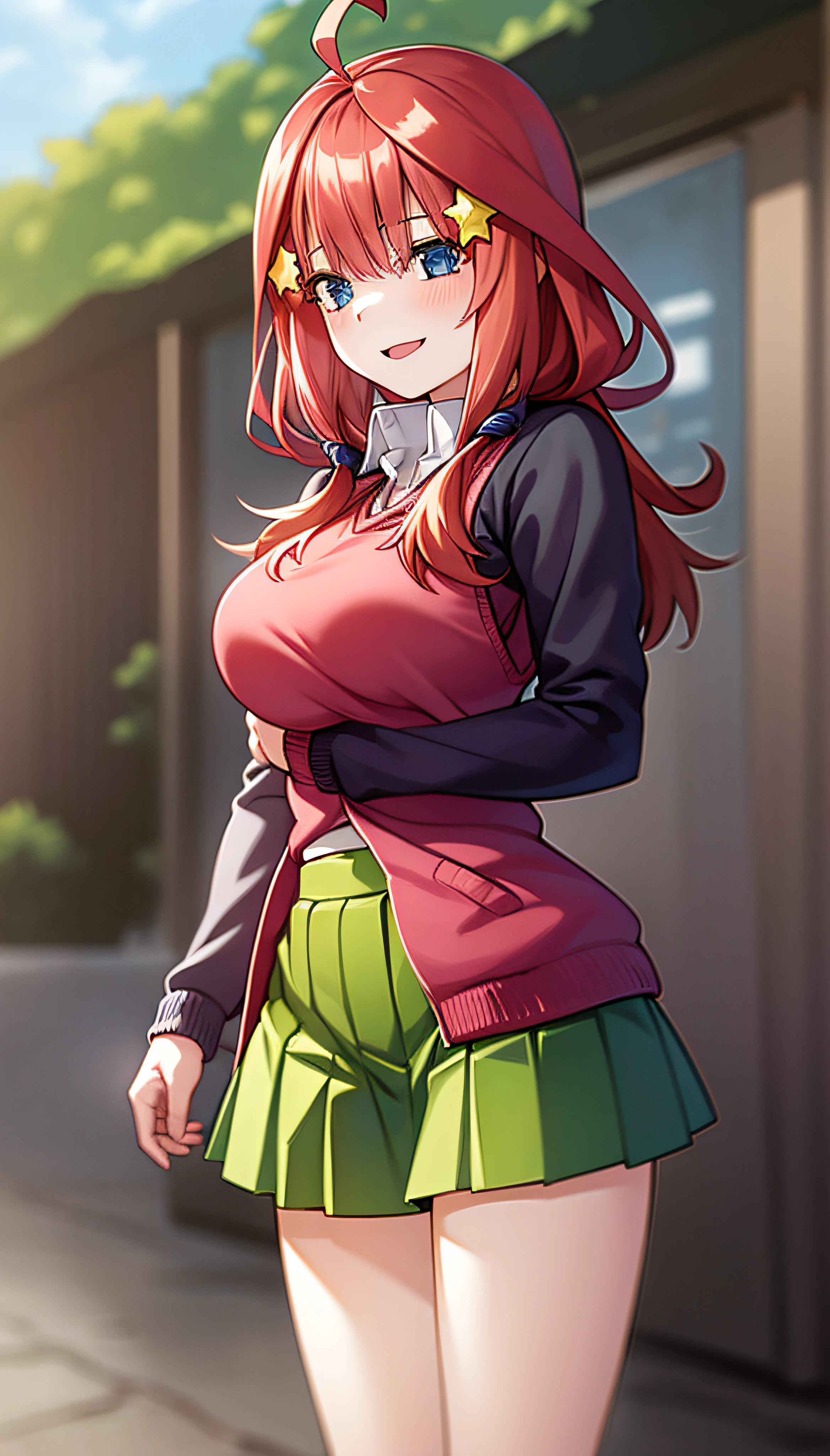 2d, masterpiece, best quality, anime, highly detailed, 1girl, solo, cowboy shot, nakano itsuki, red hair, long hair, star hair ornament, ahoge, red sweater, collared shirt, green skirt, miniskirt, medium breasts, standing, school, outdoors, smile