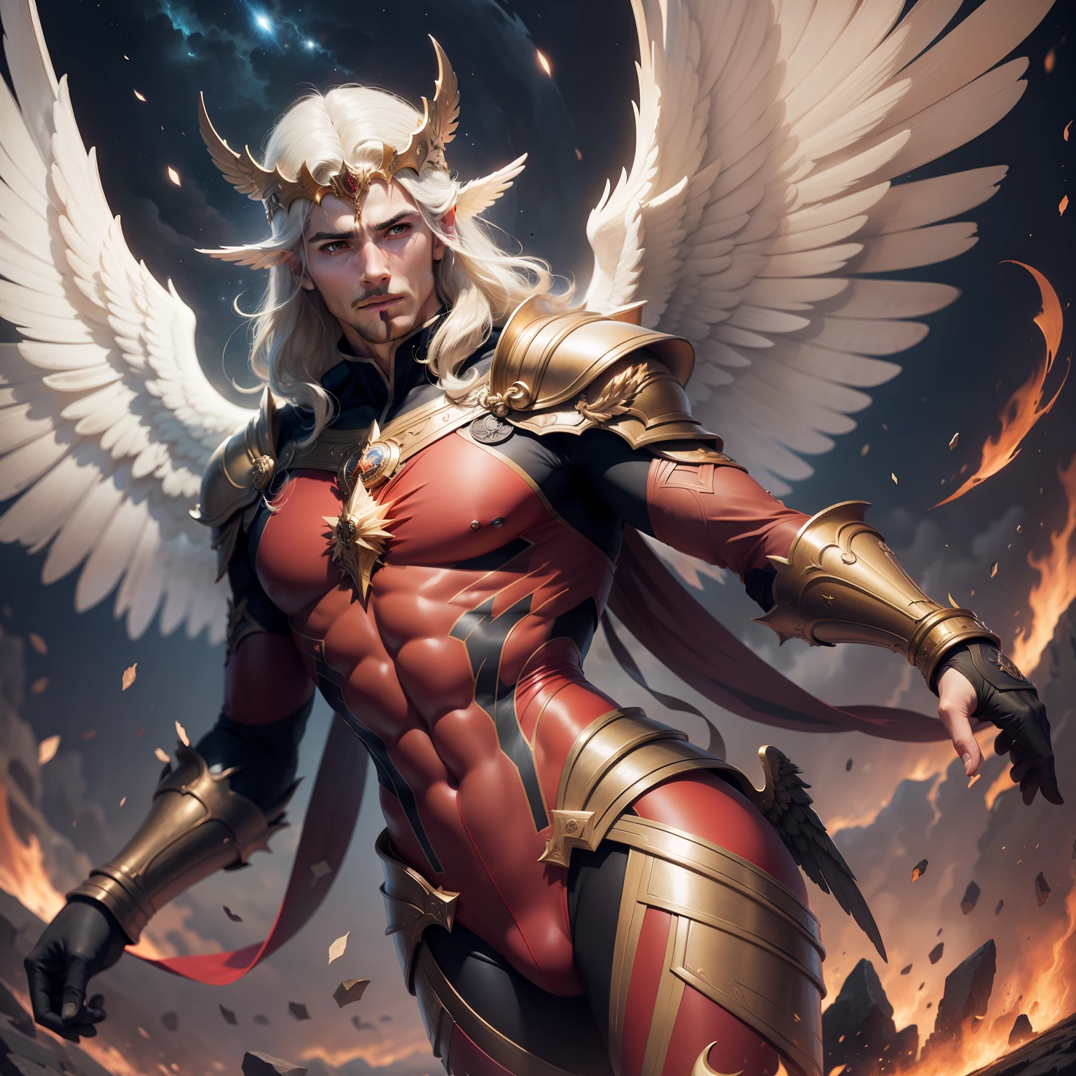 celestial male angel with wings, red clothes covering the body, facing the titan of time Kronos, masterpiece, trends, 8k