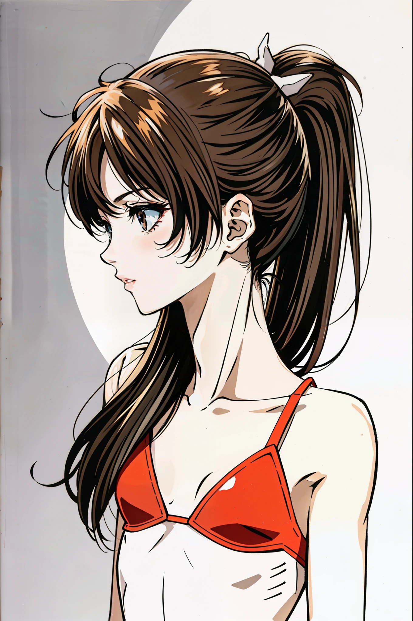 foto retrato de cuerpo entero, beautiful anorexic Asuka Langley, muy flaca en bikini, huesos y costillas visibles, Small flat breasts, very small waist, piernas delgadas, rostro hermoso, vista de perfil de Asuka  Langley muy muy flaca, fondo blanco.