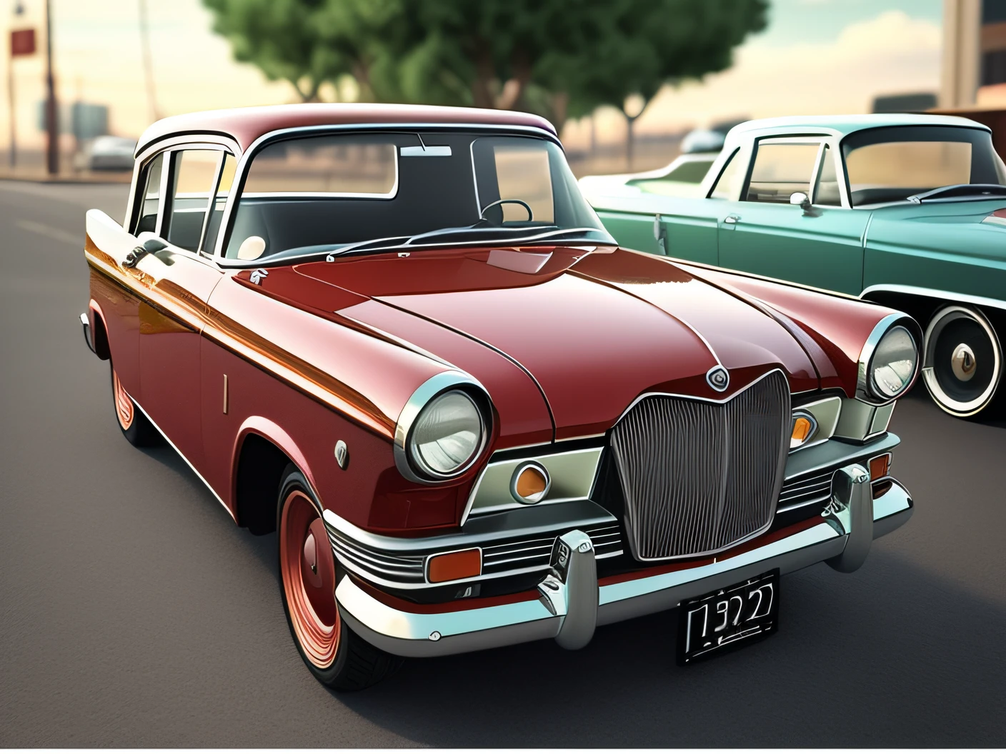 Hay dos autos viejos estacionados uno al lado del otro en la calle, con un estilo de Vendimia - 1960s, con una perspectiva realista y detallada, A smooth rendering style and a warm, vintage color palette. (Aspect ratio opcional)